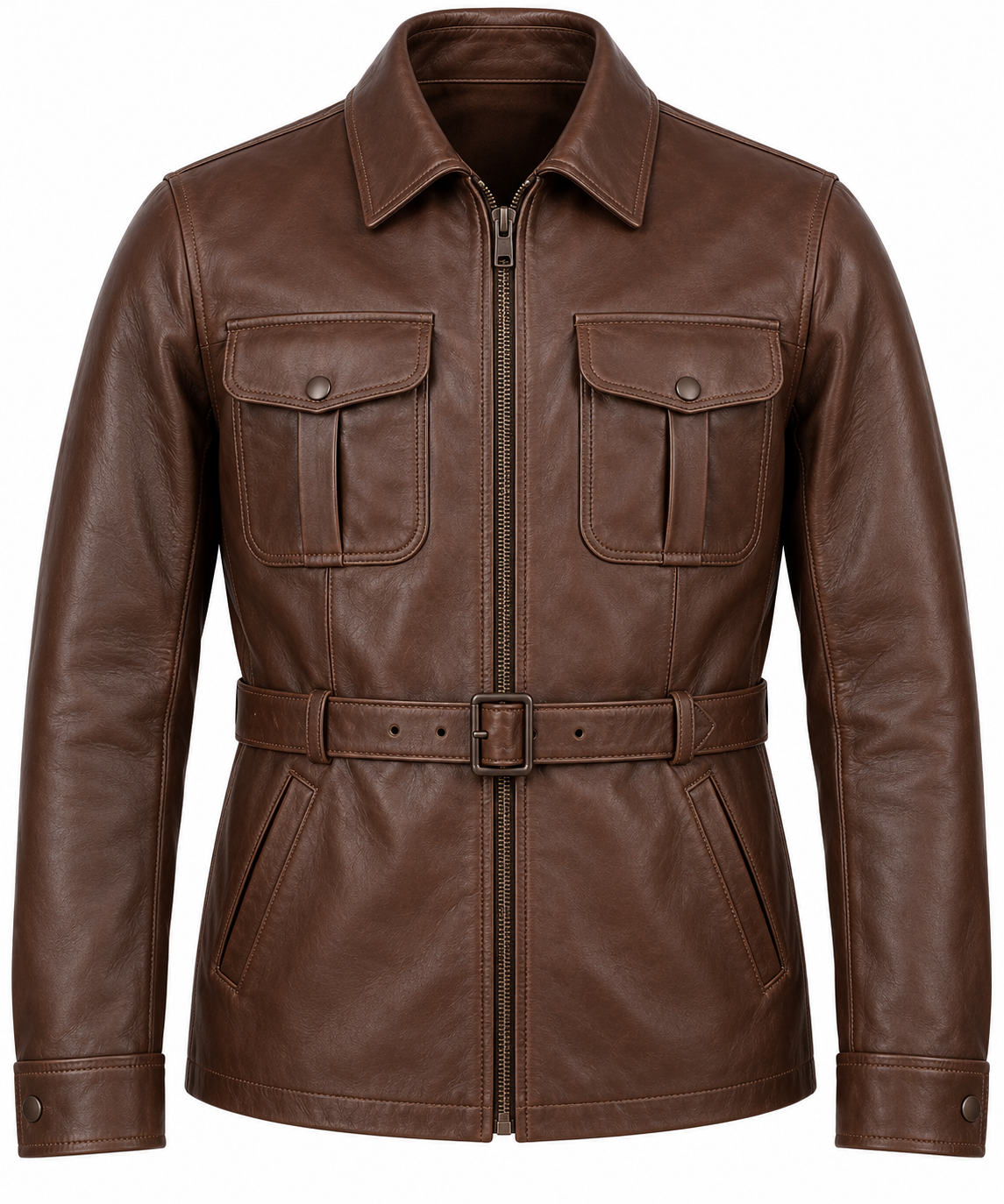 J055 brown leather jacket front view