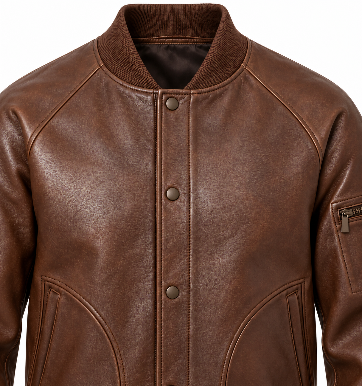 J056 brown leather jacket detail view