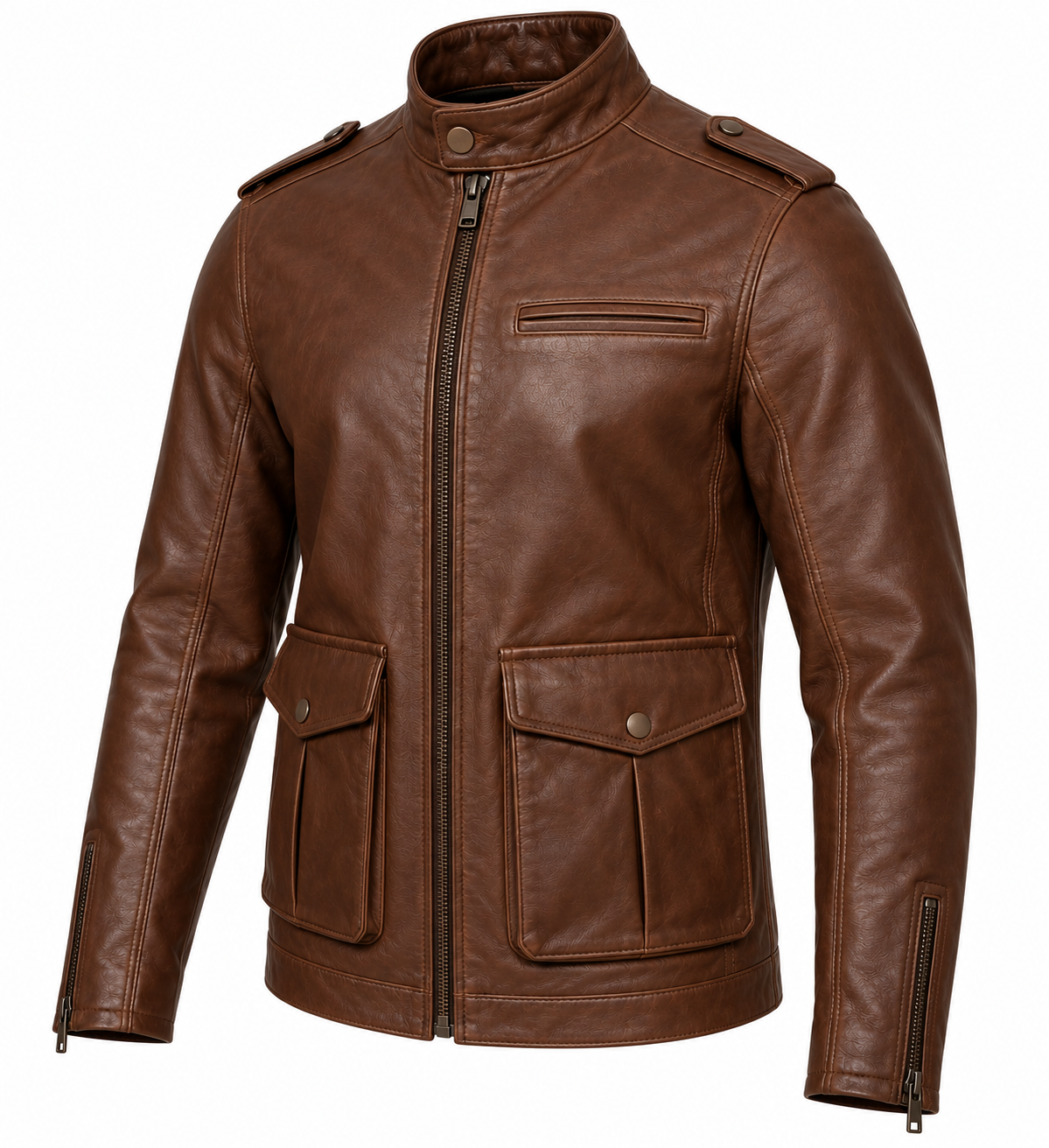J057 brown leather jacket angle view