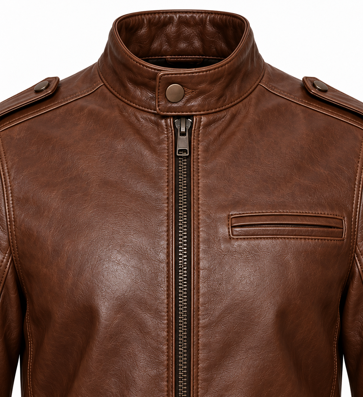 J057 brown leather jacket detail view