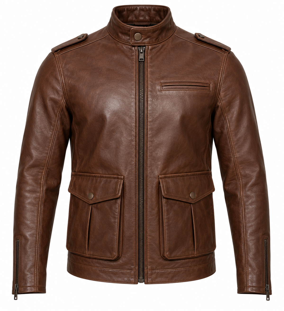 J057 brown leather jacket front view