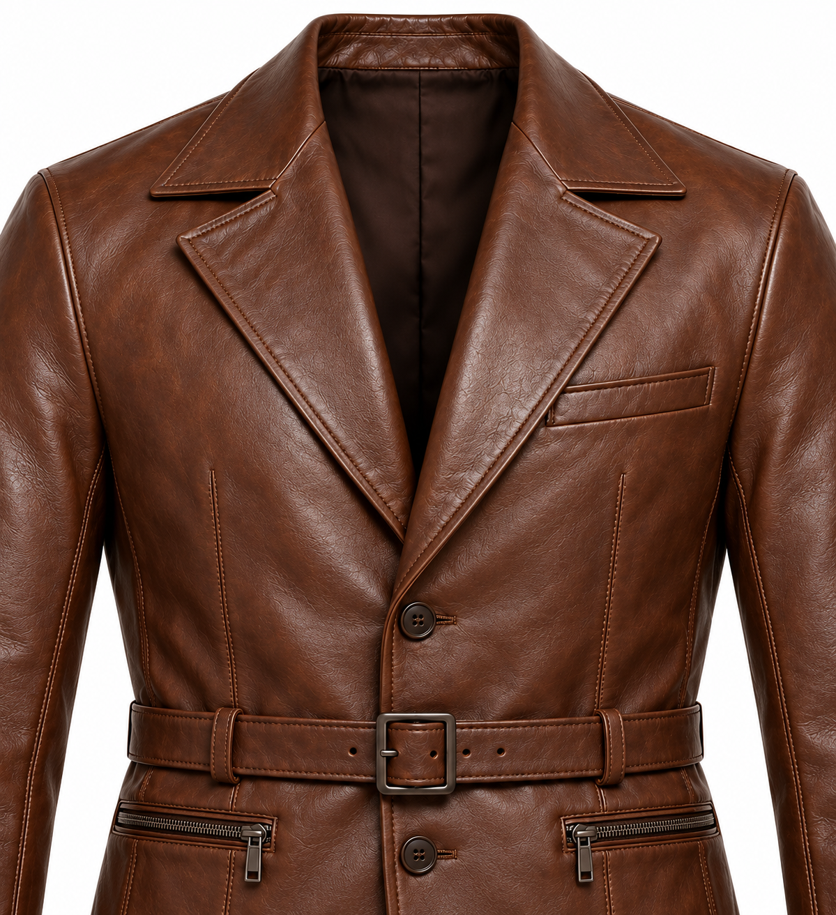 J060 brown leather jacket detail view