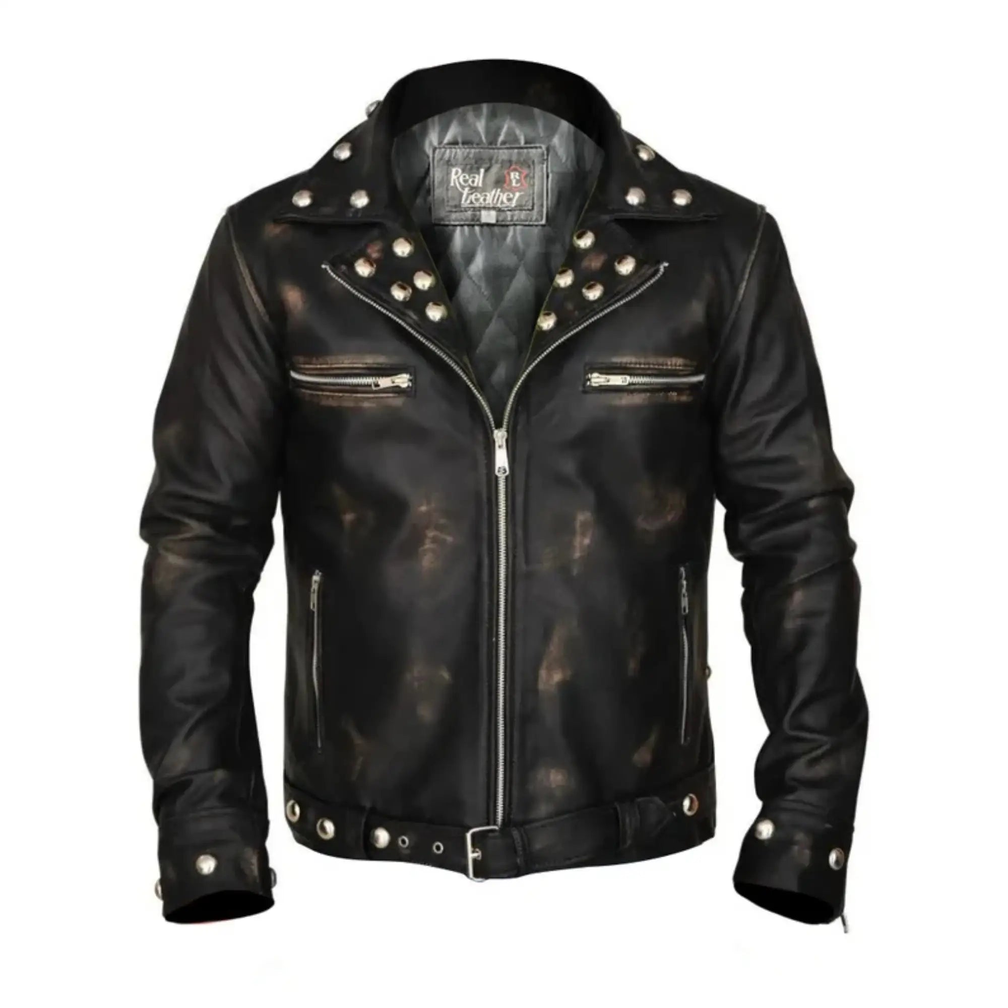 Sowachi Men's Black Studded Biker Leather Jacket