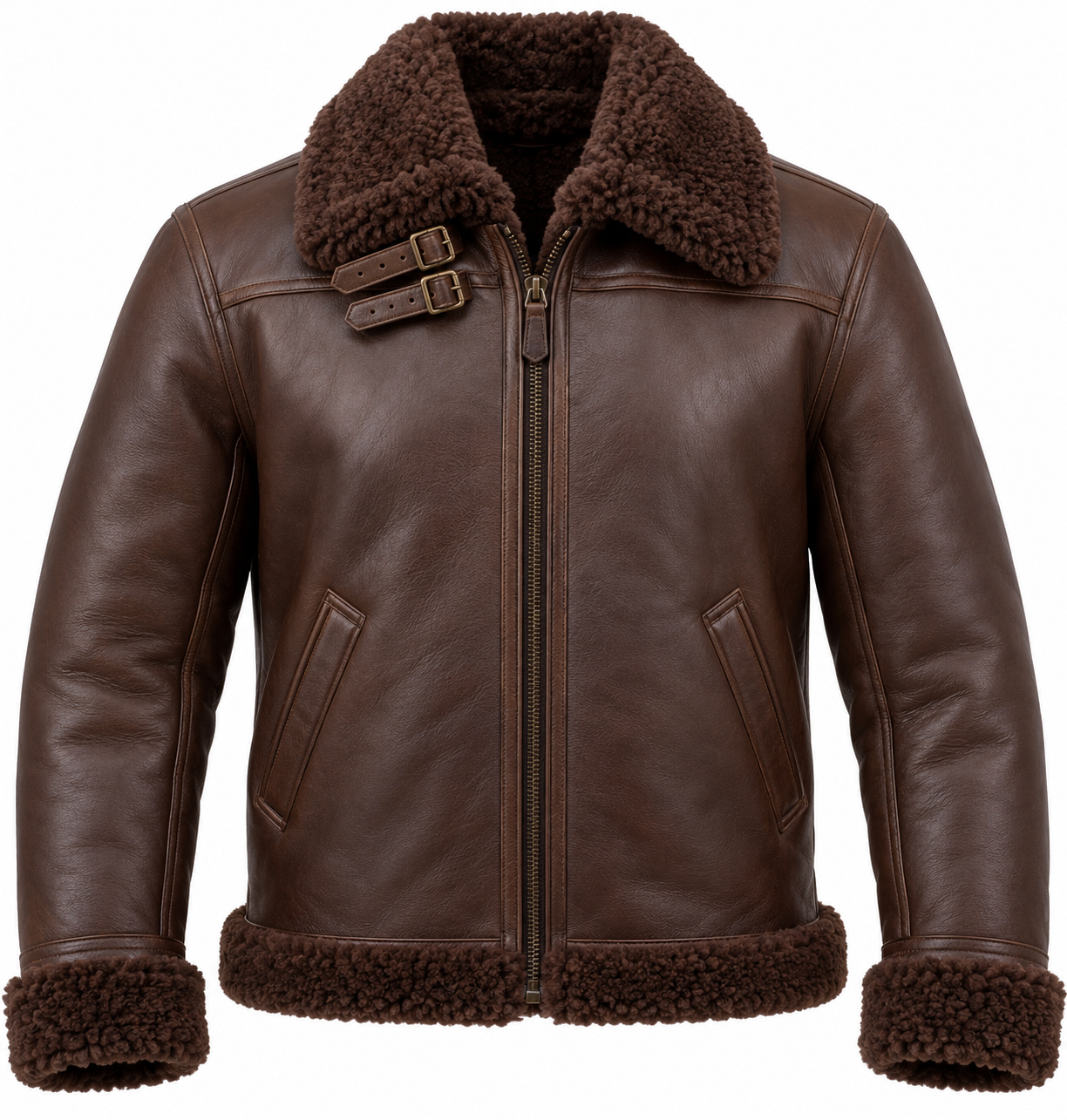 SH001 men's brown shearling jacket front view