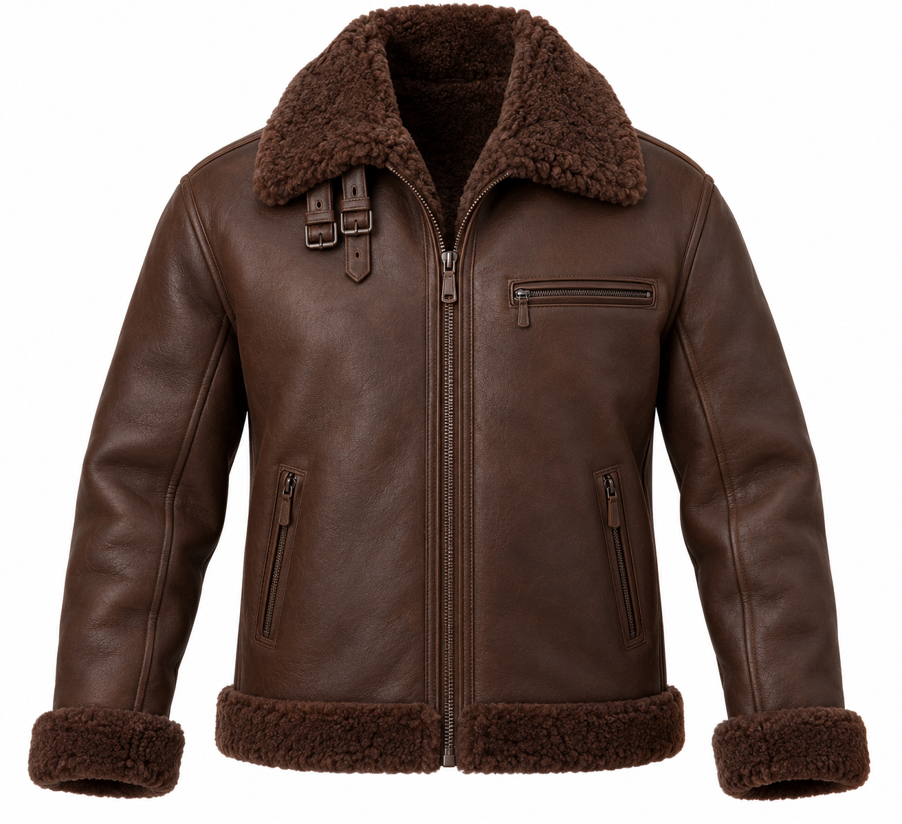 SH002 men's brown shearling jacket front view