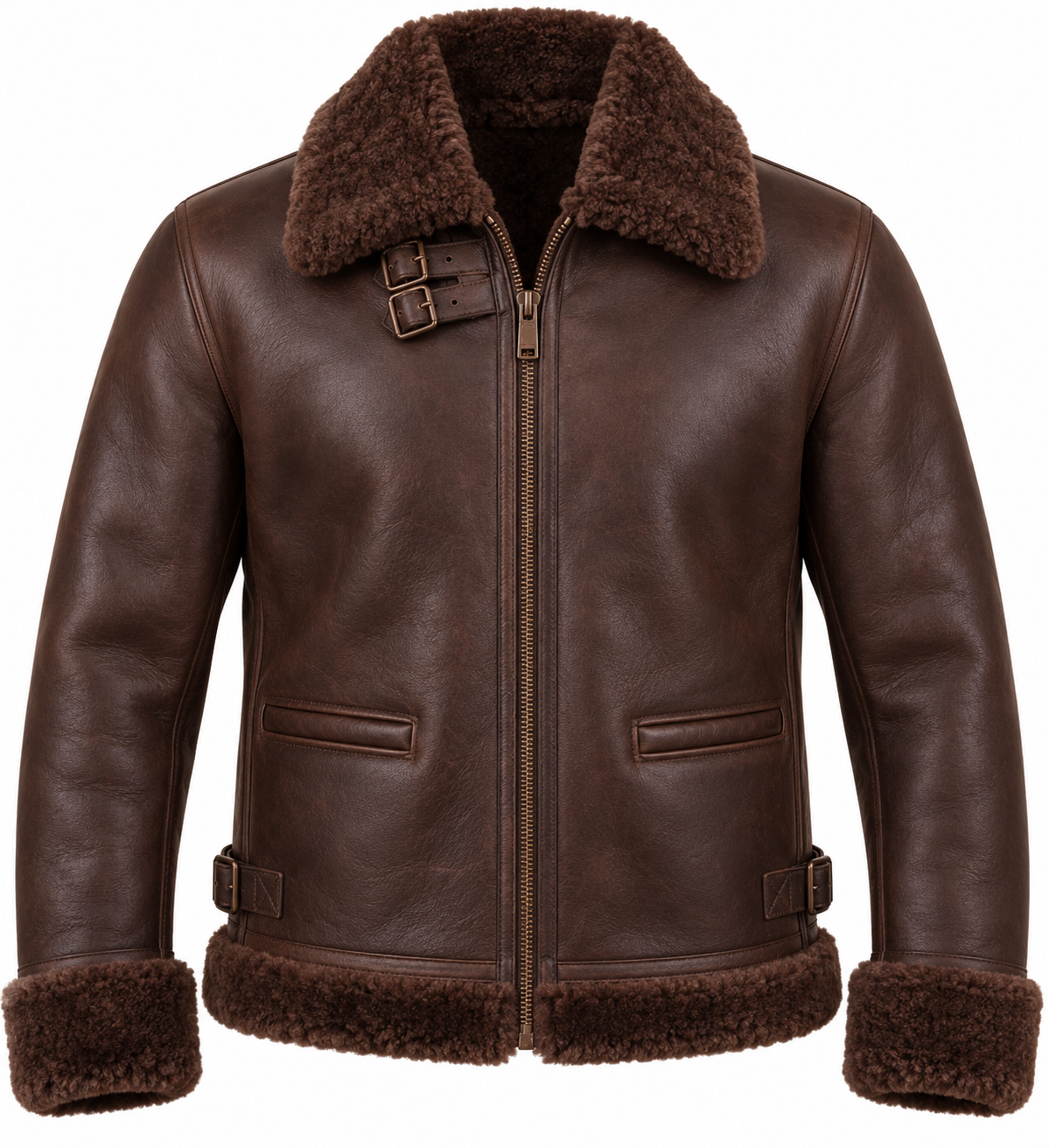 SH003 men's brown shearling jacket front view