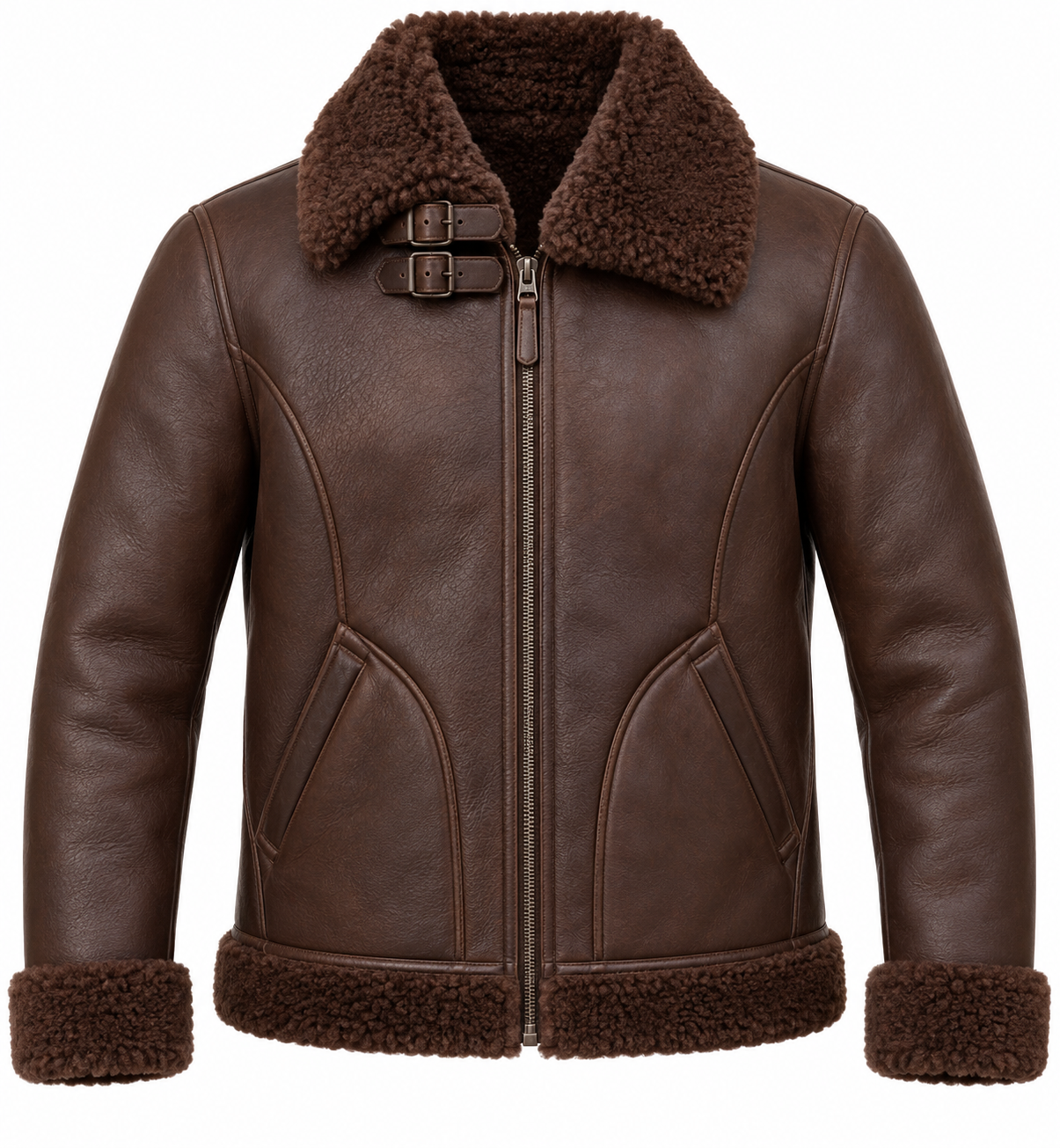 SH005 men's brown shearling jacket front view