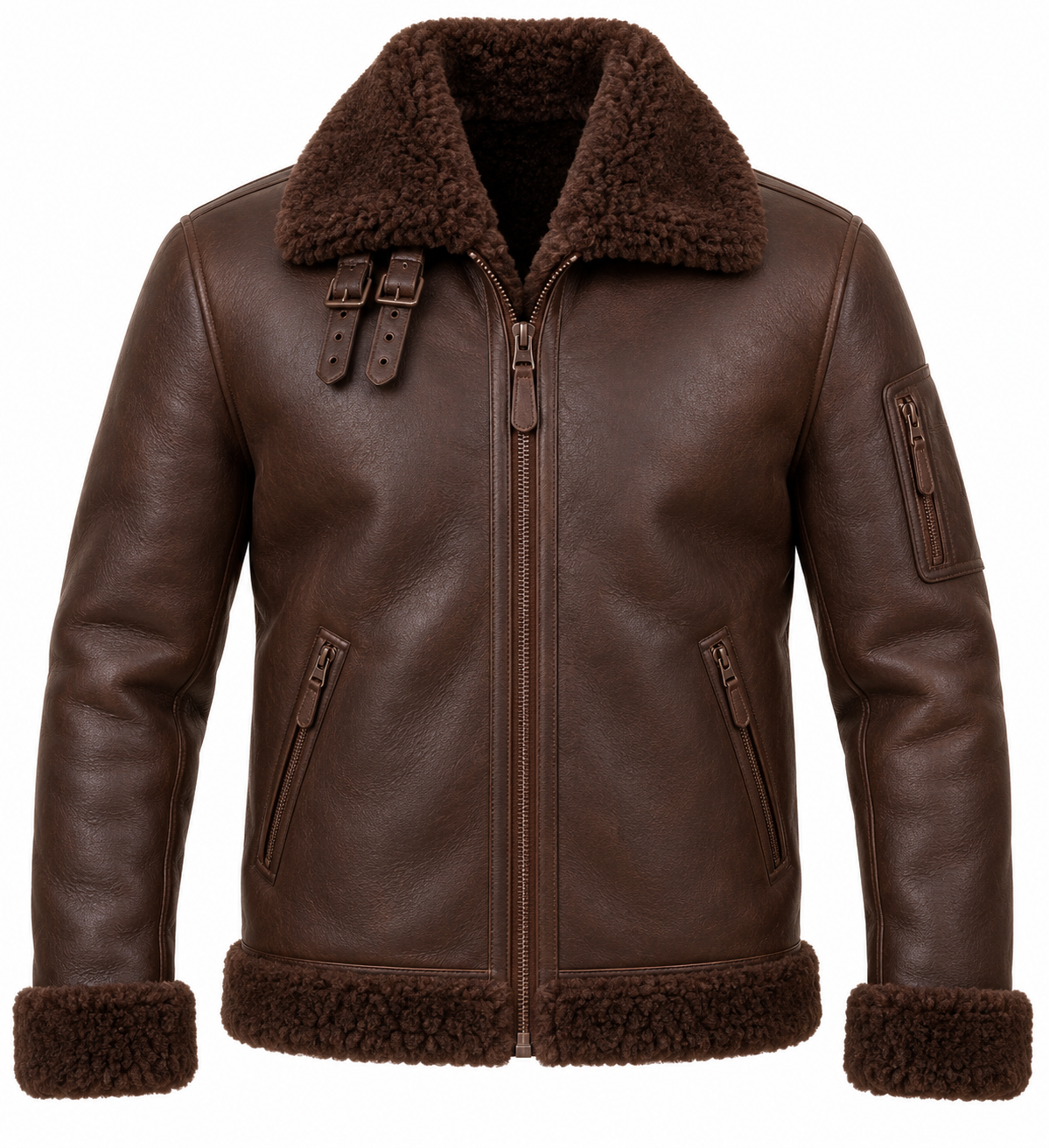 SH006 men's brown shearling jacket front view
