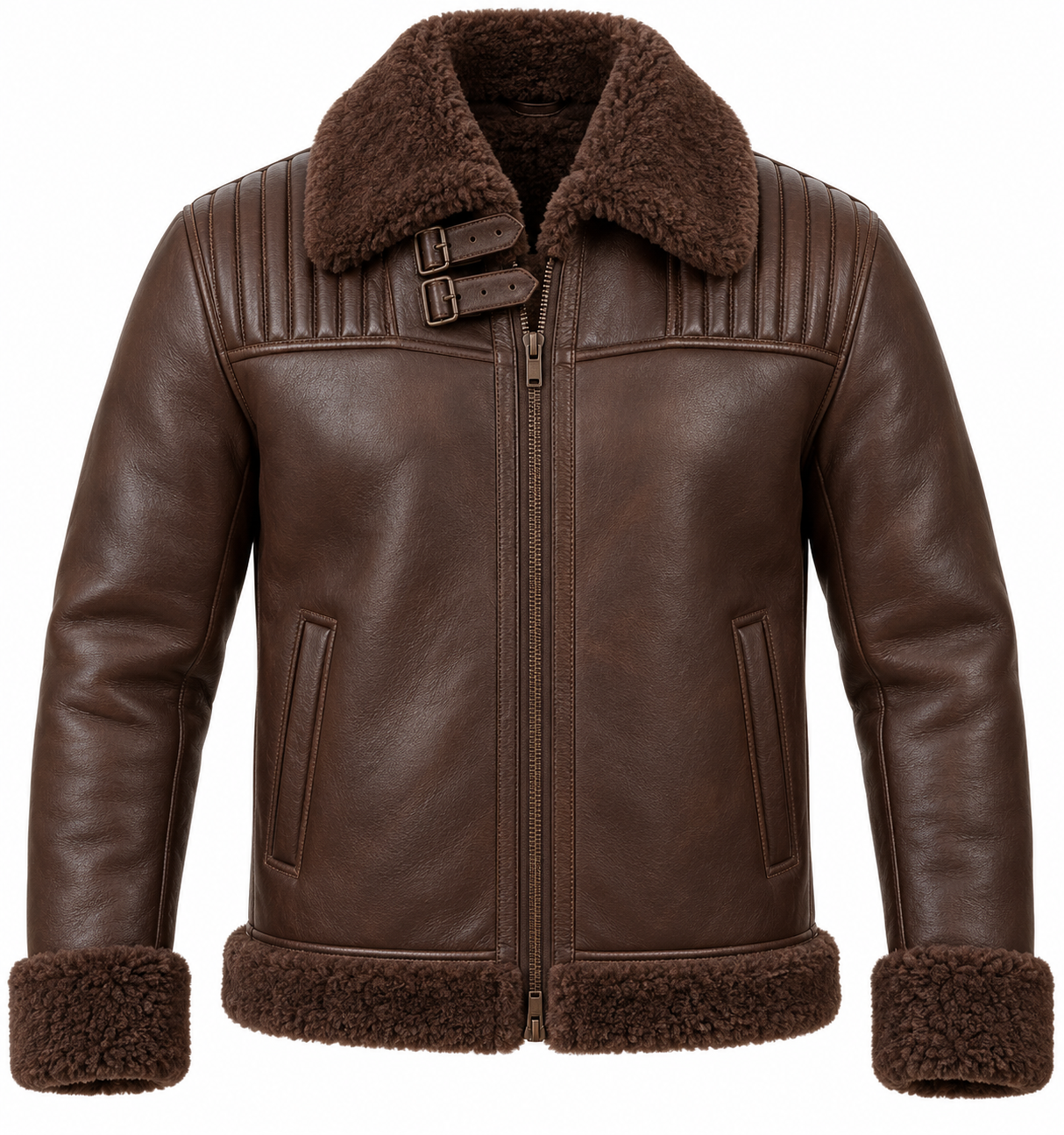 SH007 men's brown shearling jacket front view