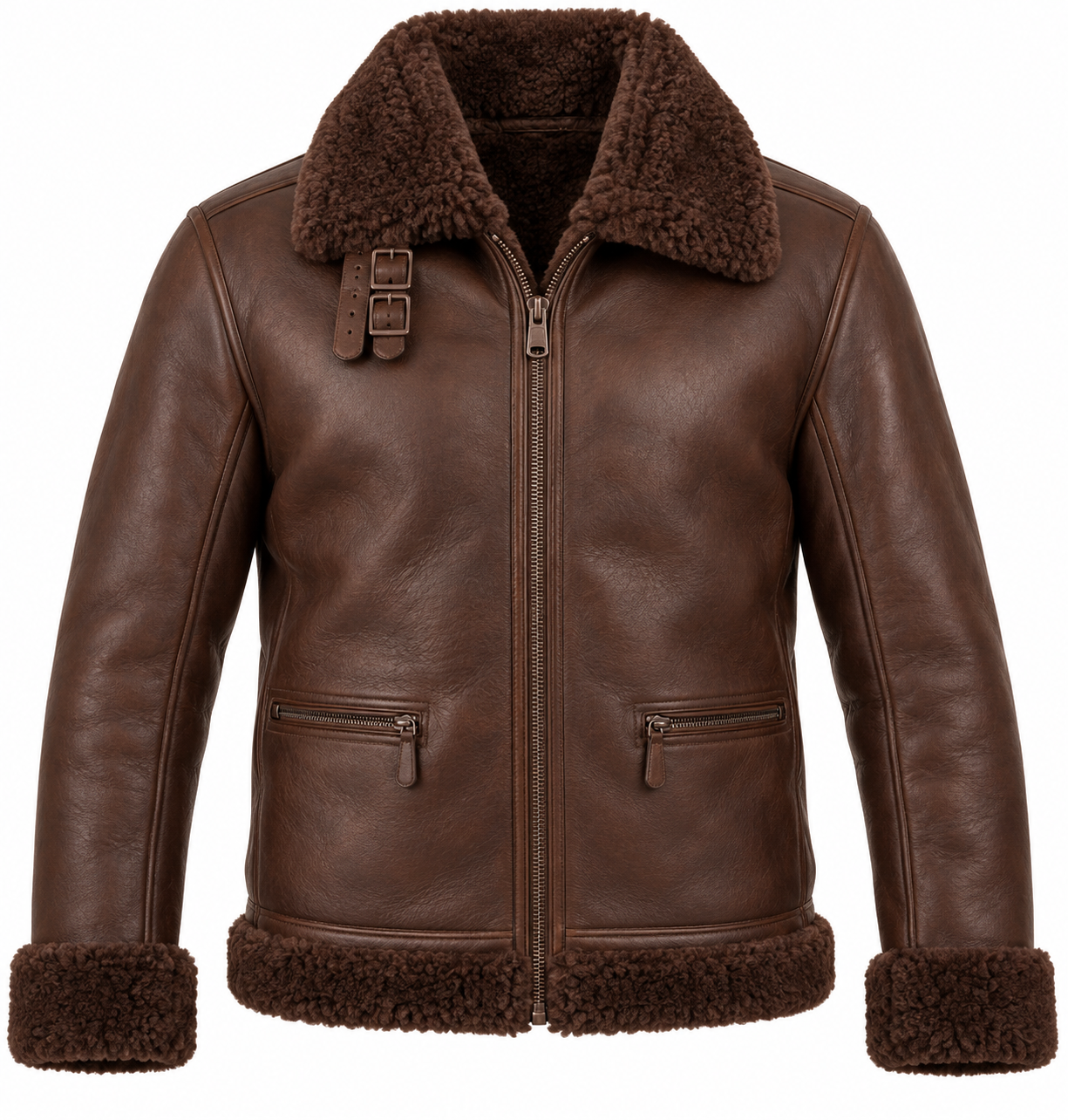 SH008 men's brown shearling jacket front view
