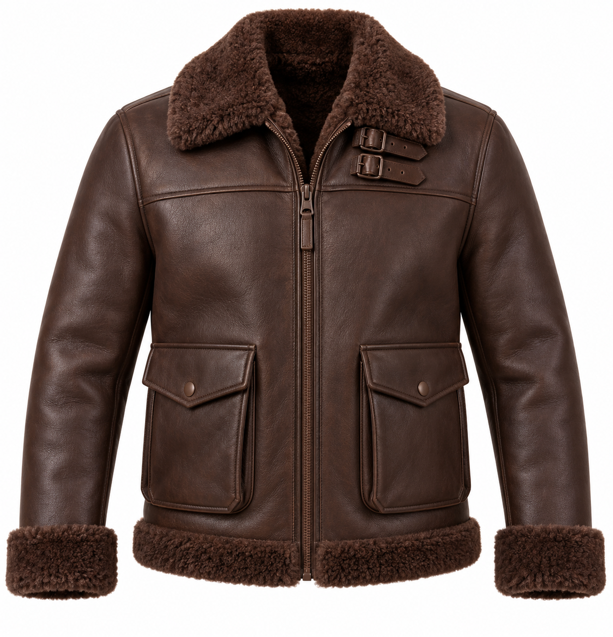 SH009 men's brown shearling jacket front view
