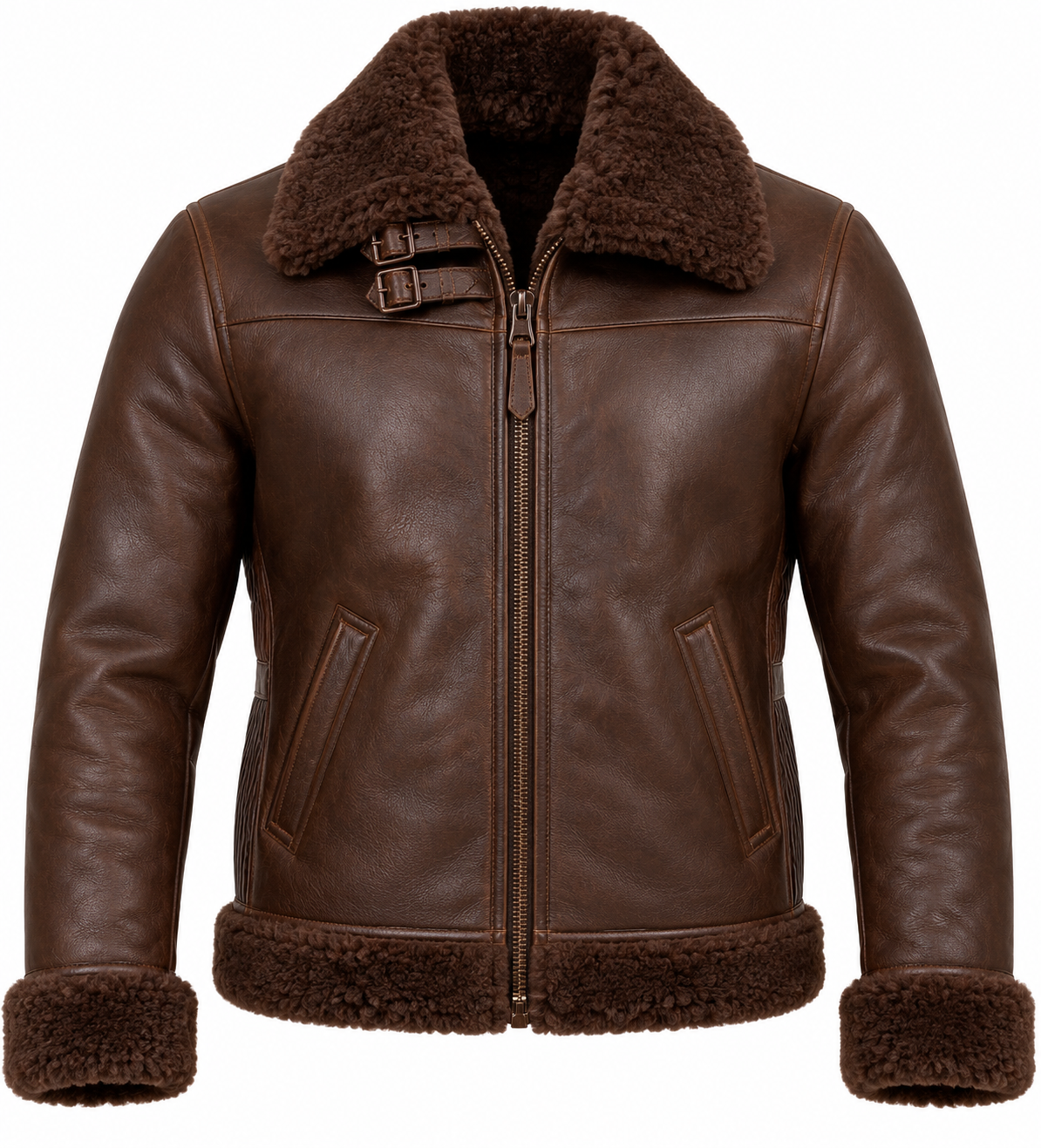 SH010 men's brown shearling jacket front view