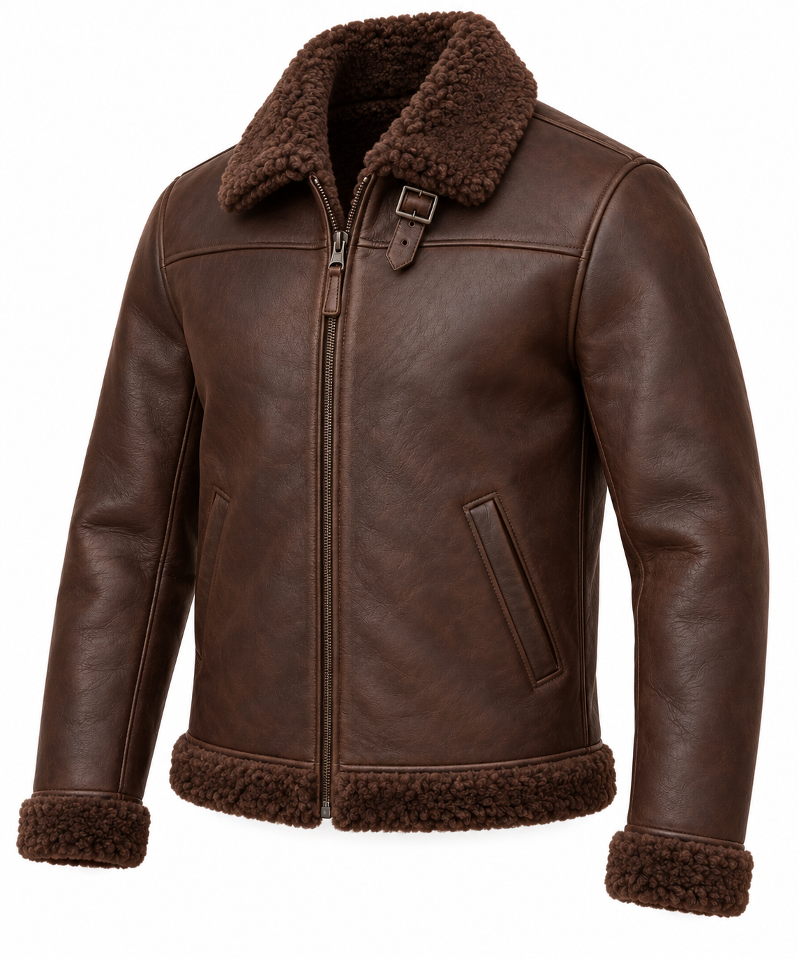 SH011 men's brown shearling jacket angle view