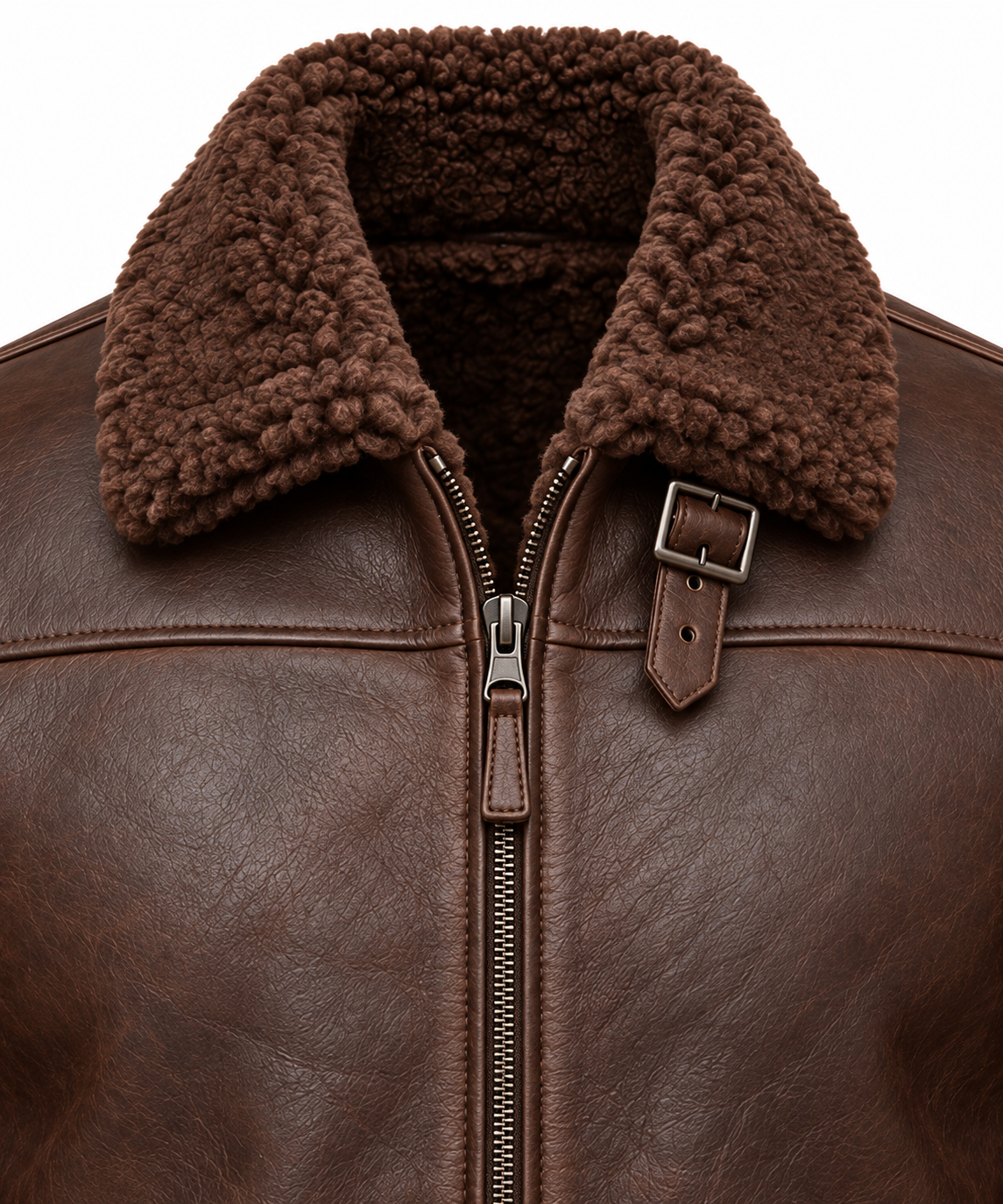 SH011 men's brown shearling jacket detail view
