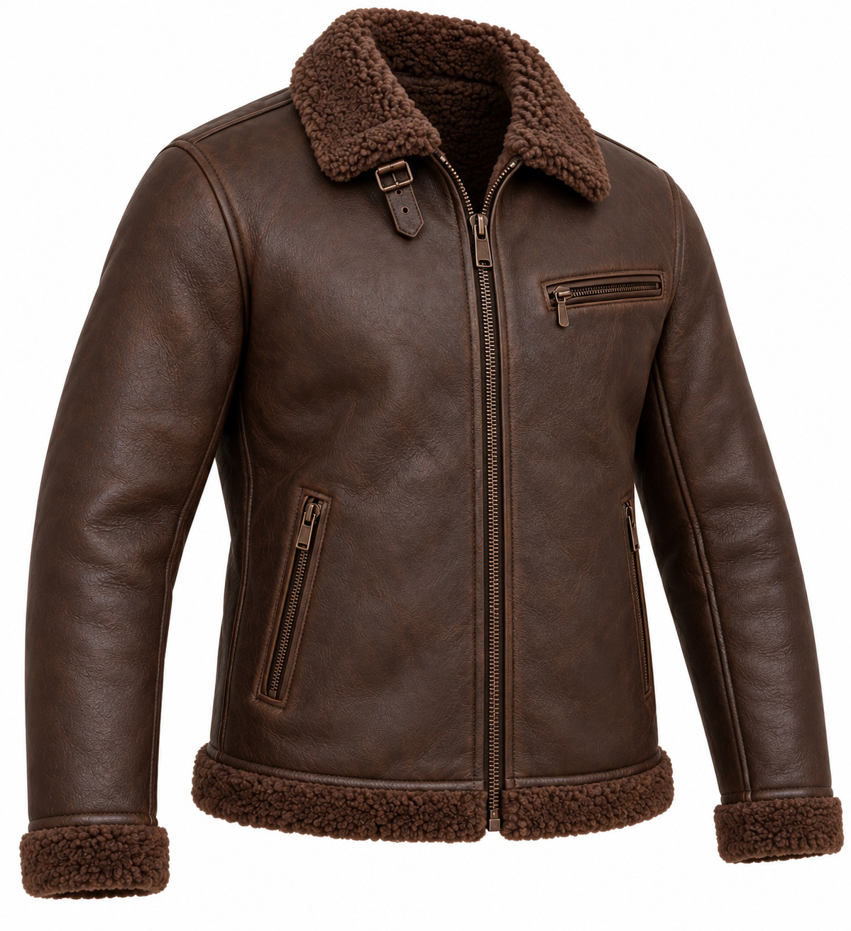 SH012 men's brown shearling jacket angle view