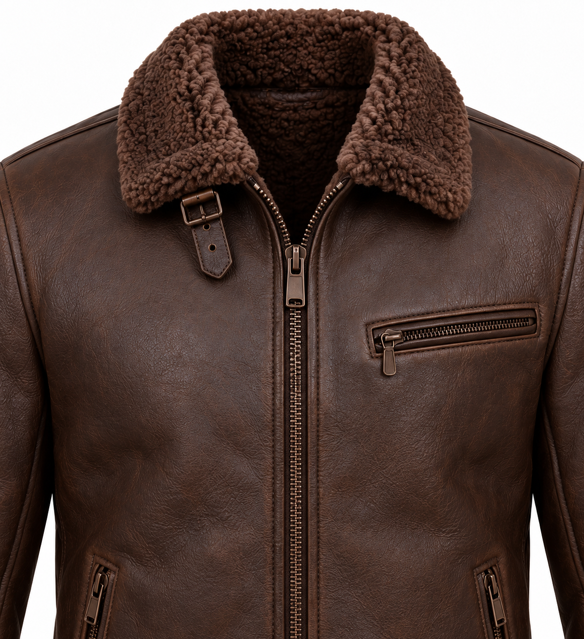 SH012 men's brown shearling jacket detail view
