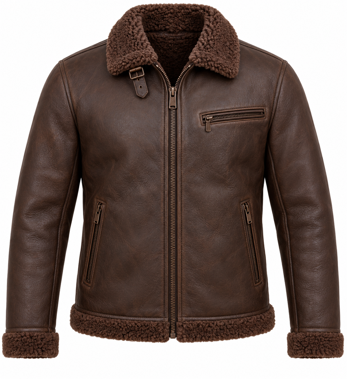 SH012 men's brown shearling jacket front view