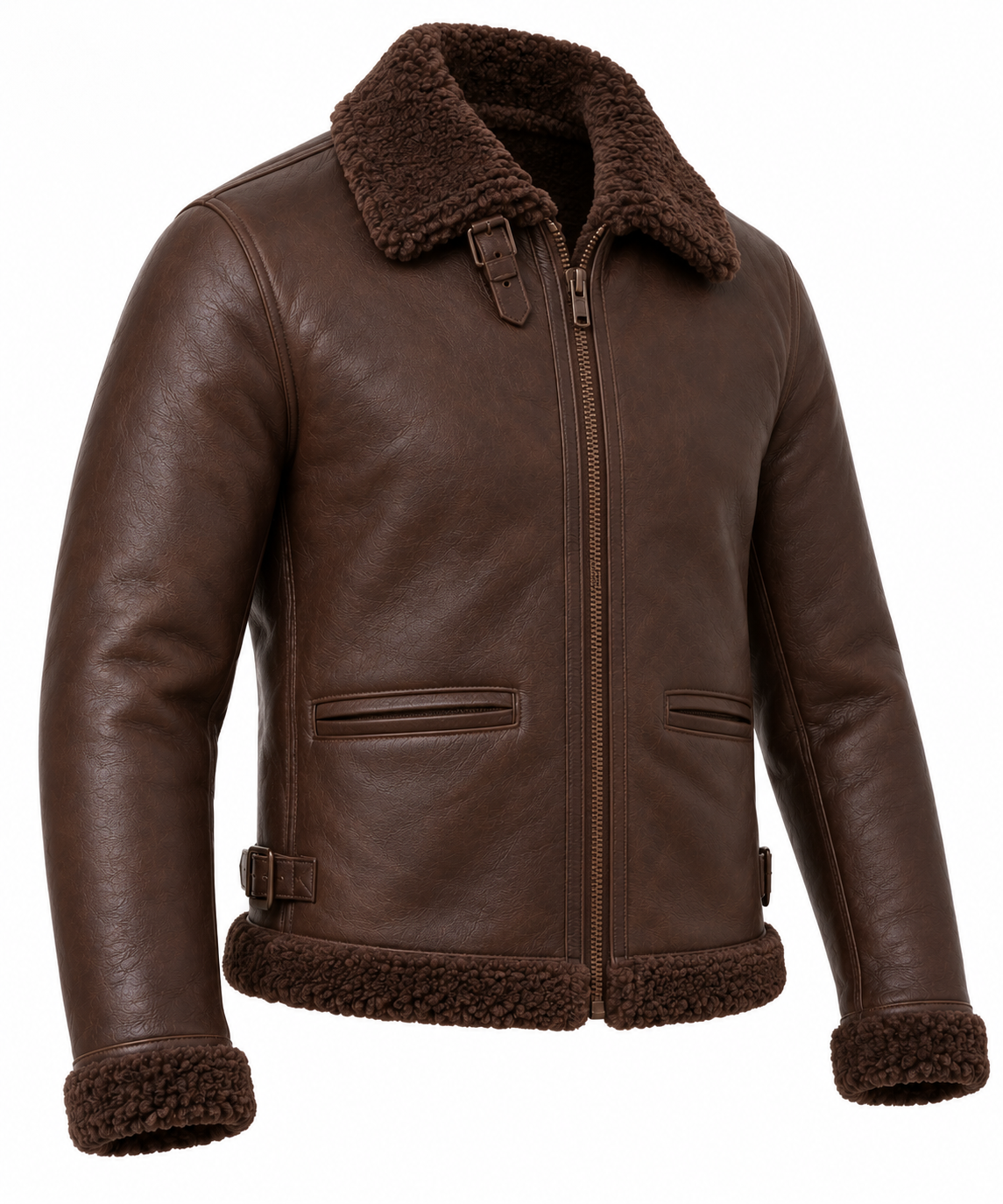 SH013 men's brown shearling jacket angle view
