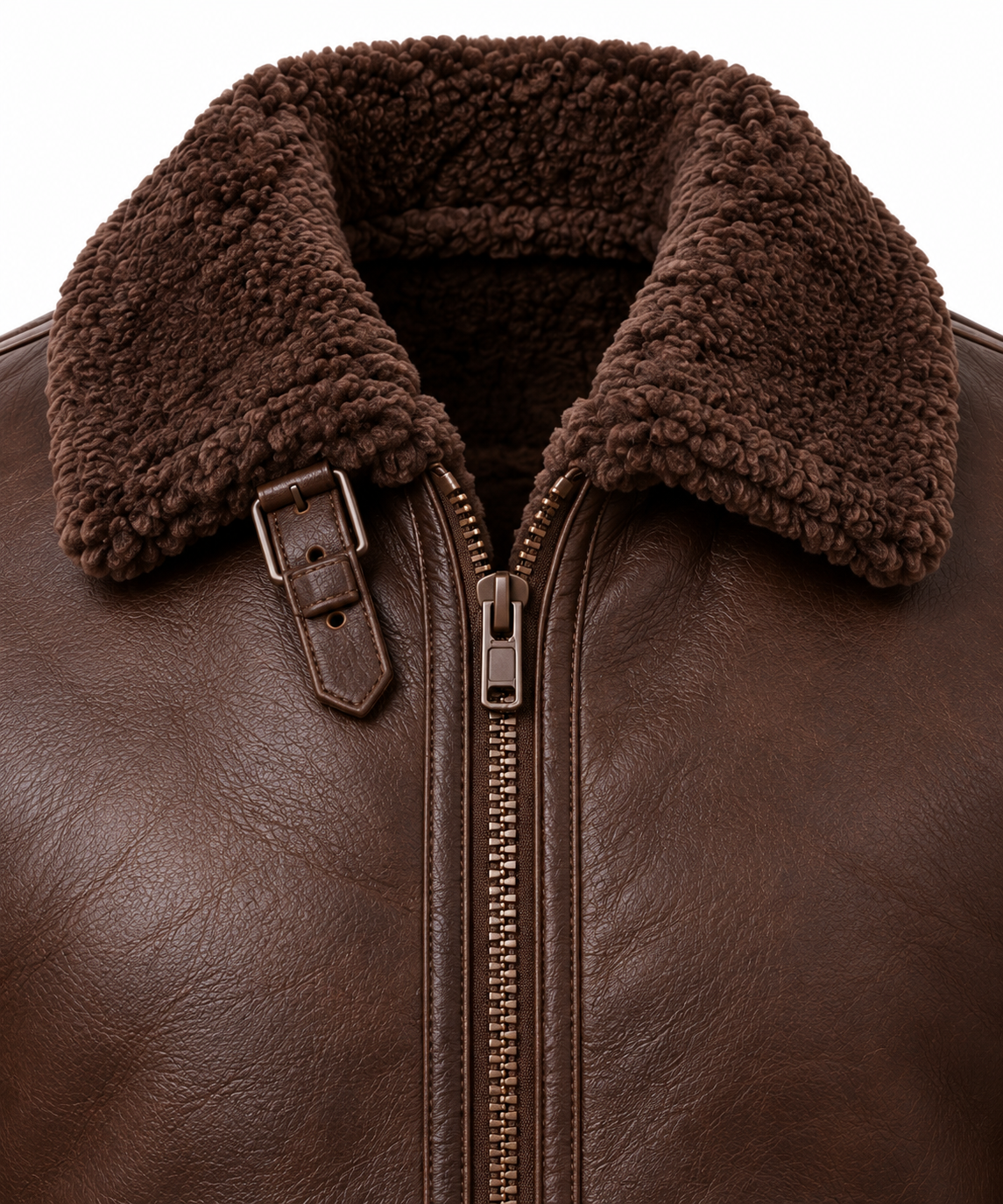 SH013 men's brown shearling jacket detail view