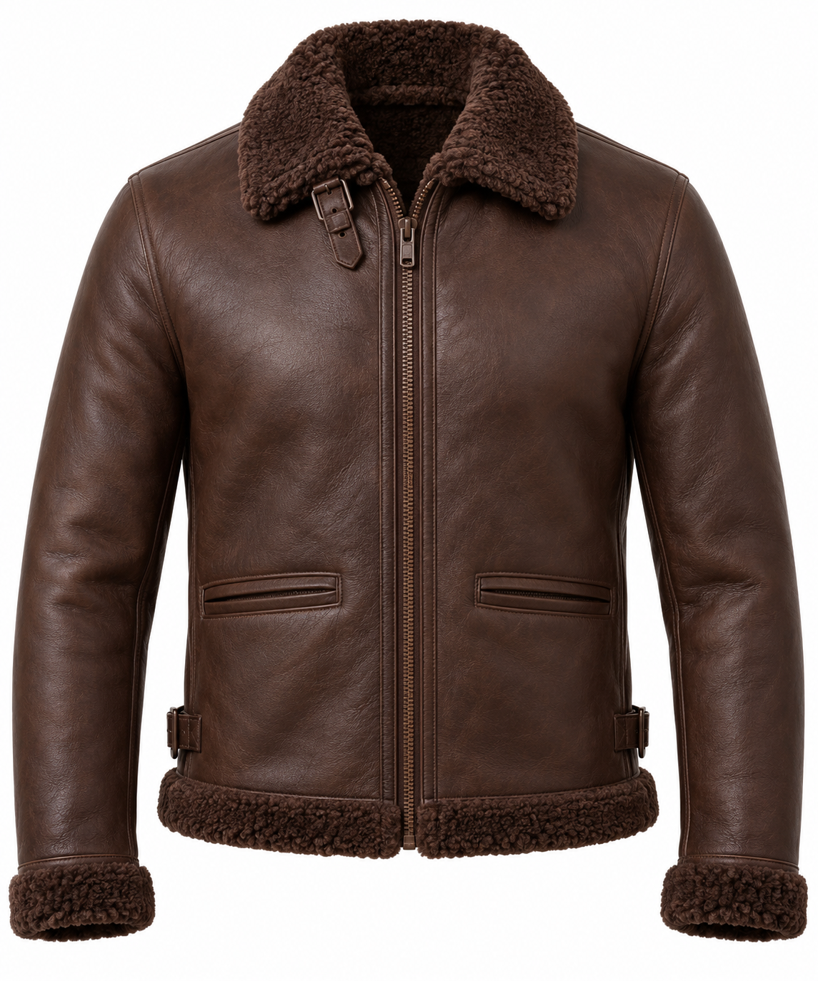 SH013 men's brown shearling jacket front view