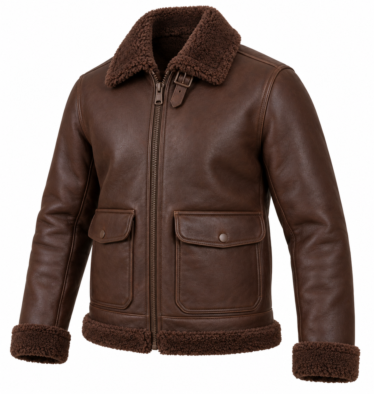 SH014 men's brown shearling jacket angle view