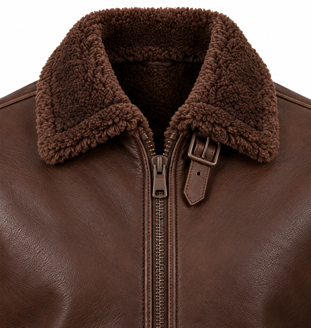 SH014 men's brown shearling jacket detail view