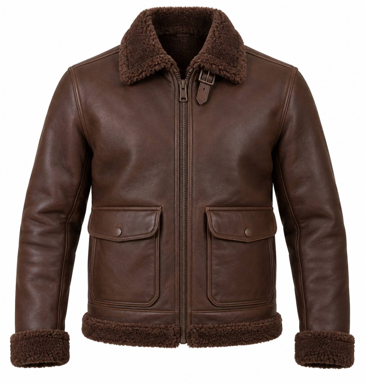 SH014 men's brown shearling jacket front view