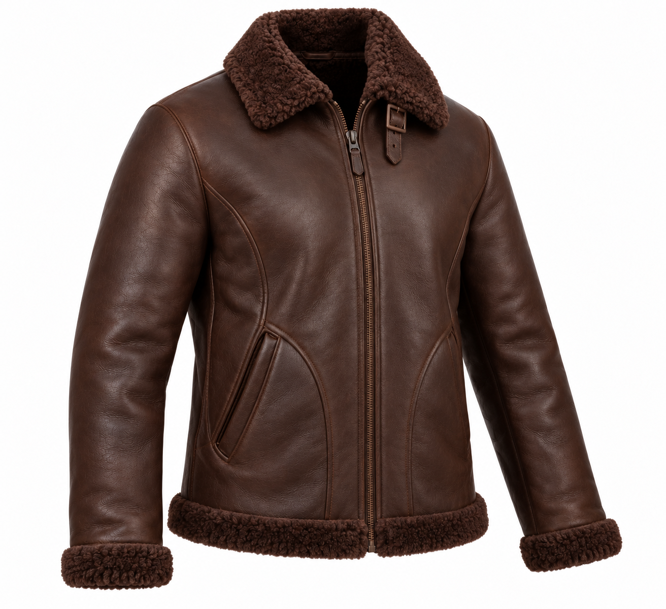 SH015 men's brown shearling jacket angle view