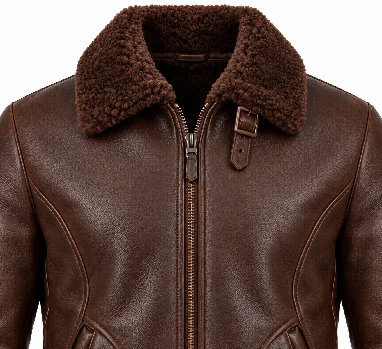 SH015 men's brown shearling jacket detail view