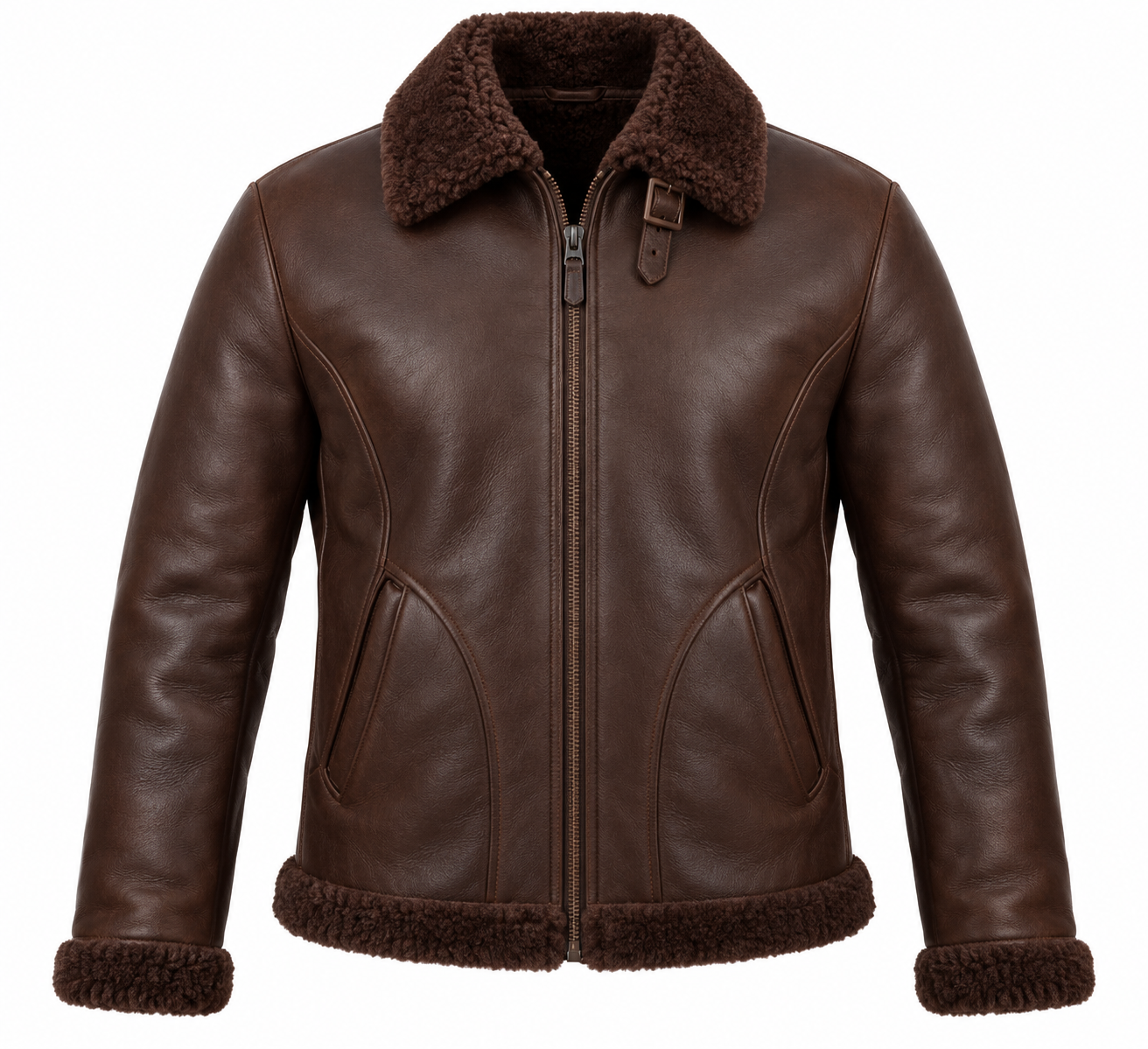 SH015 men's brown shearling jacket front view