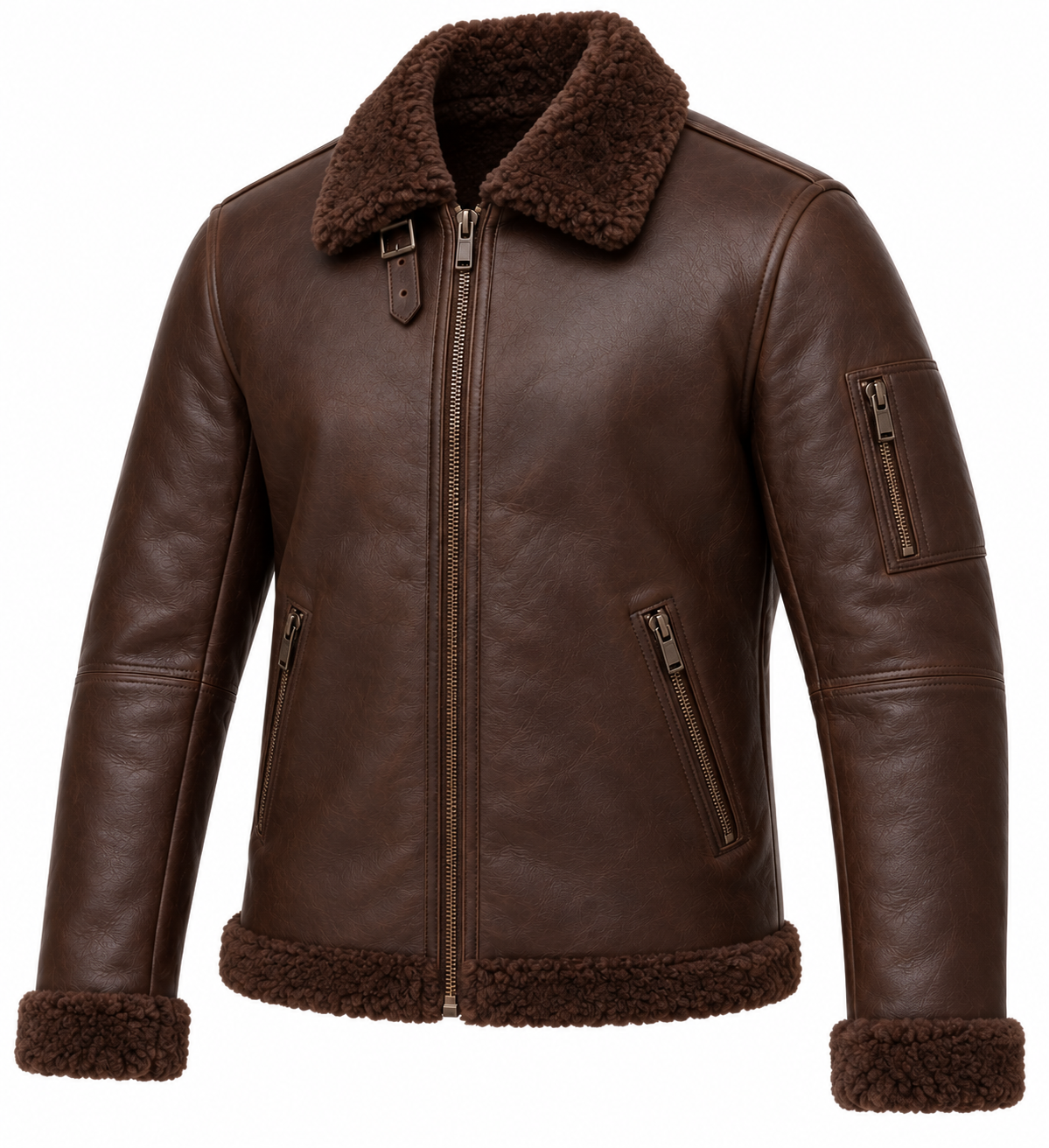 SH016 men's brown shearling jacket angle view