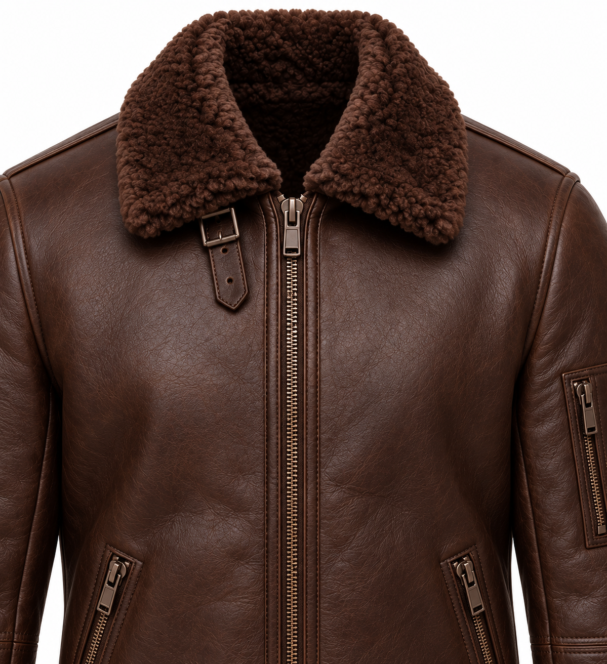SH016 men's brown shearling jacket detail view