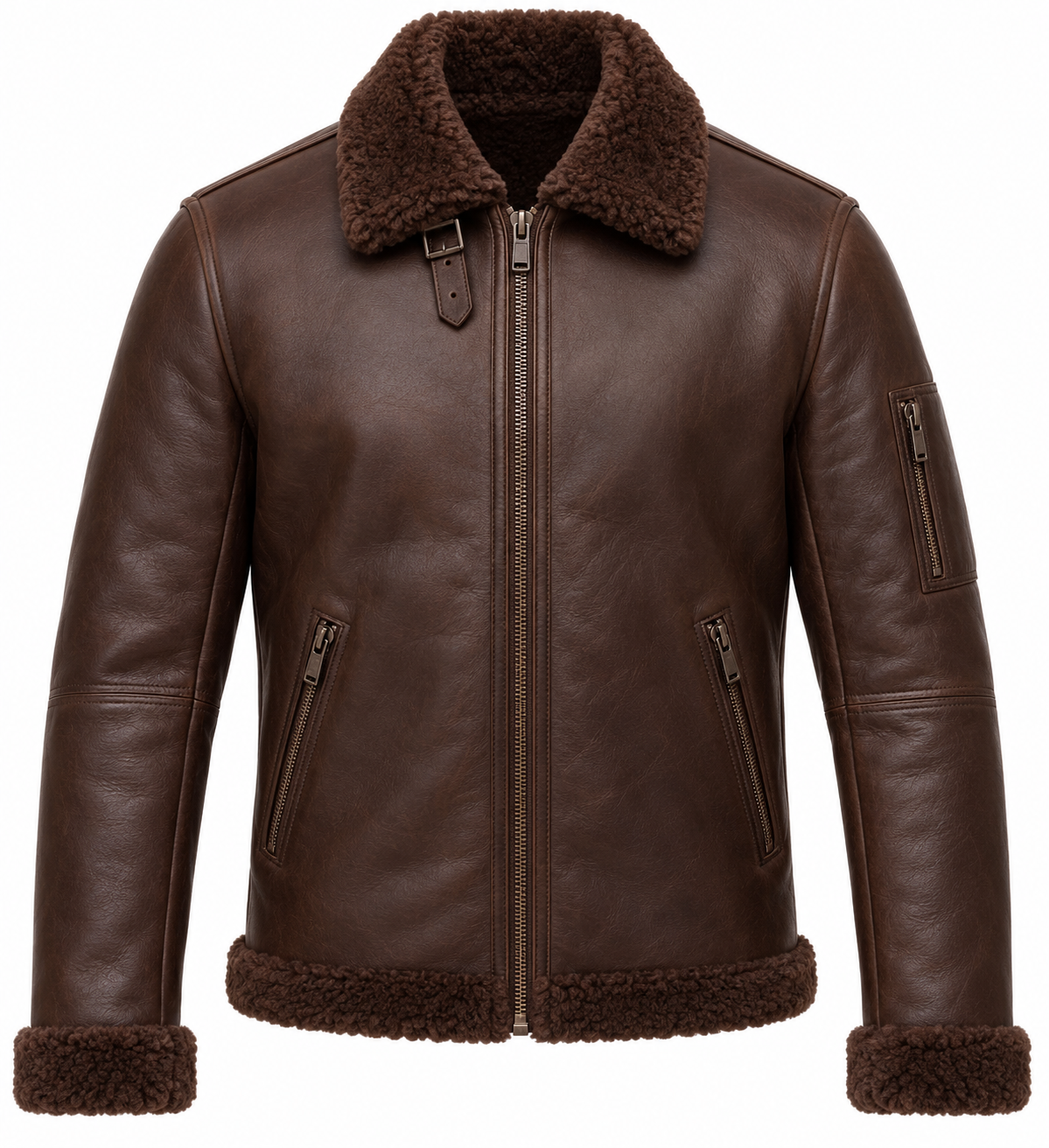 SH016 men's brown shearling jacket front view