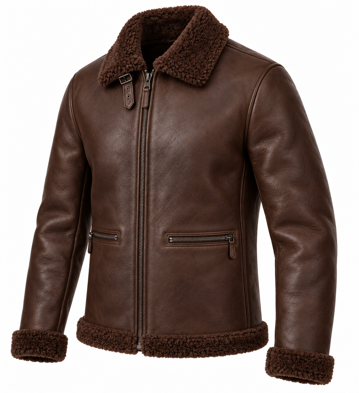 SH018 men's brown shearling jacket angle view
