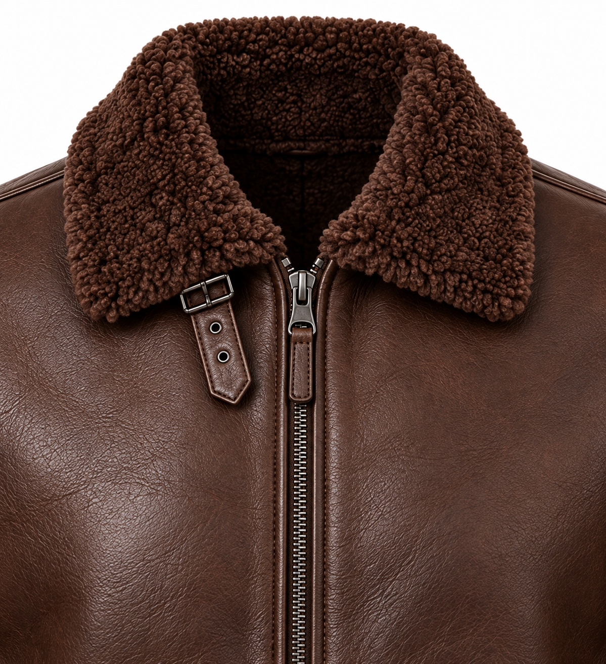 SH018 men's brown shearling jacket detail view