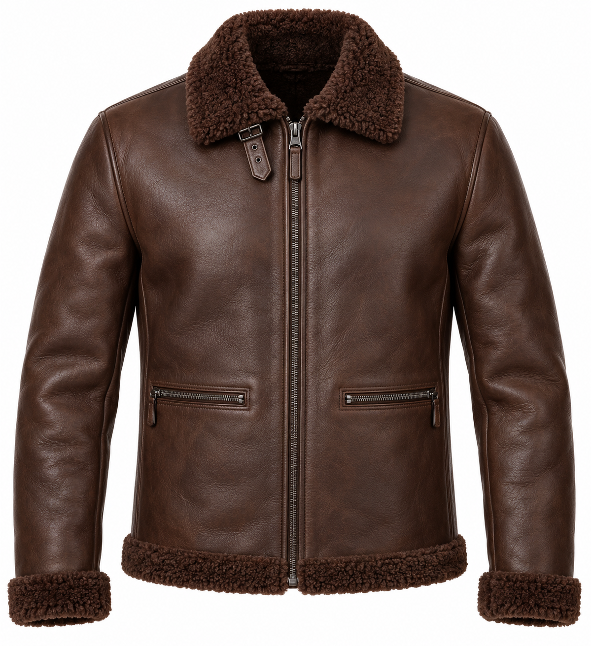 SH018 men's brown shearling jacket front view