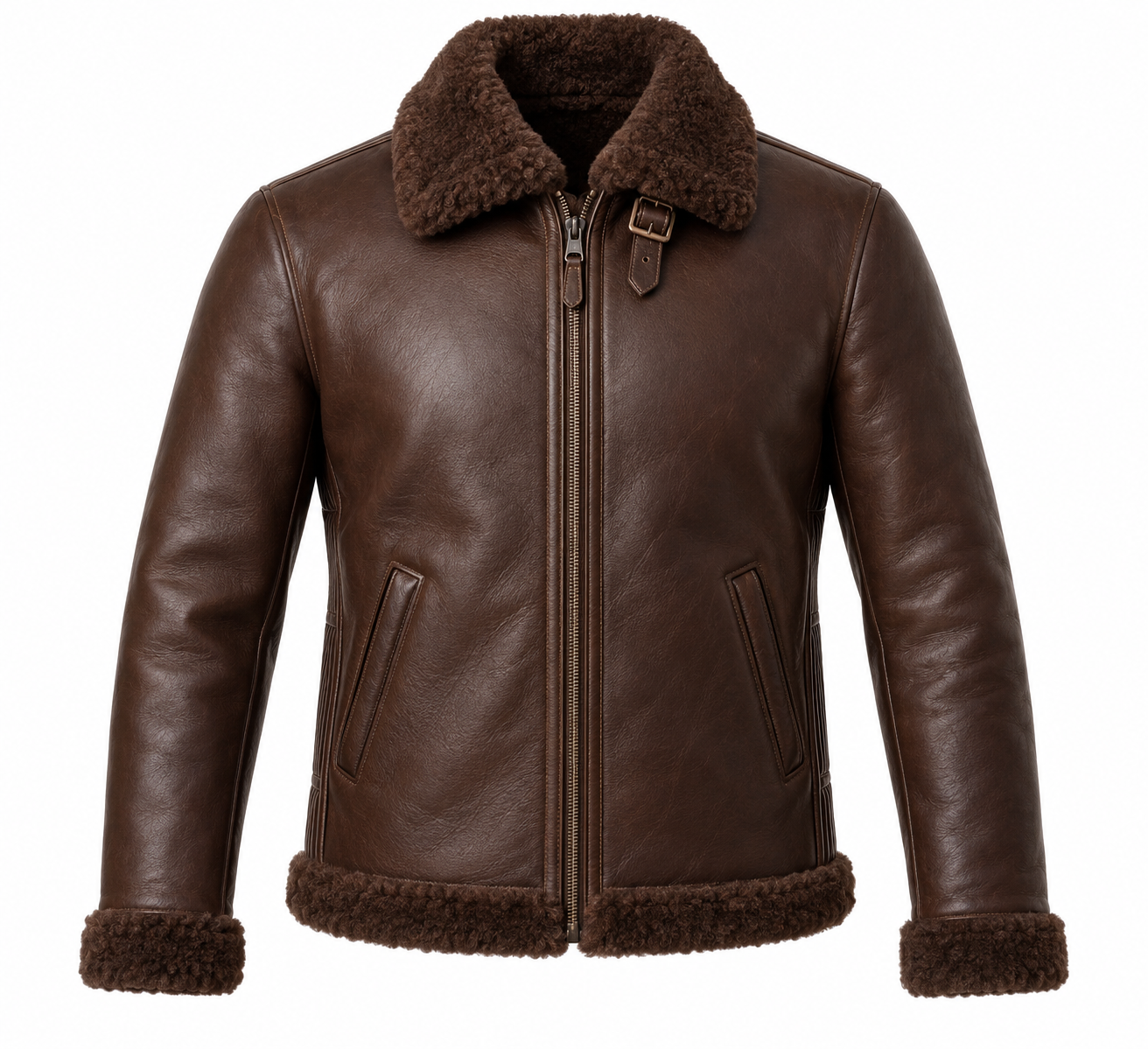 SH020 men's brown shearling jacket front view