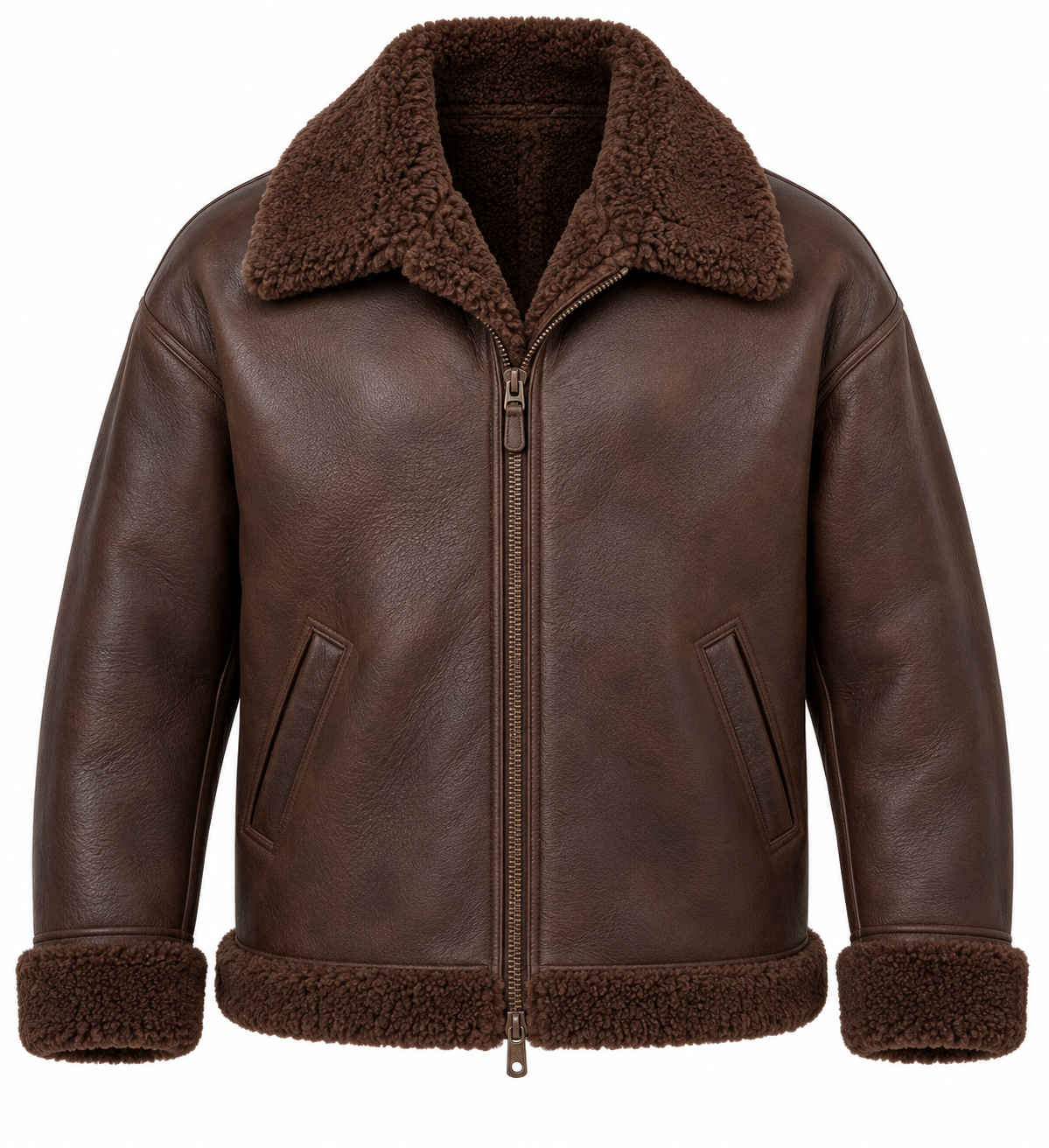 SH021 men's brown shearling jacket front view