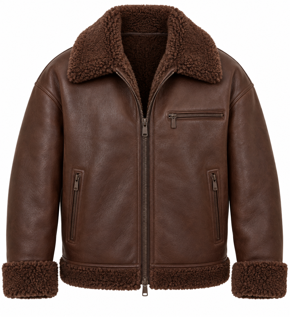 SH022 men's brown shearling jacket front view