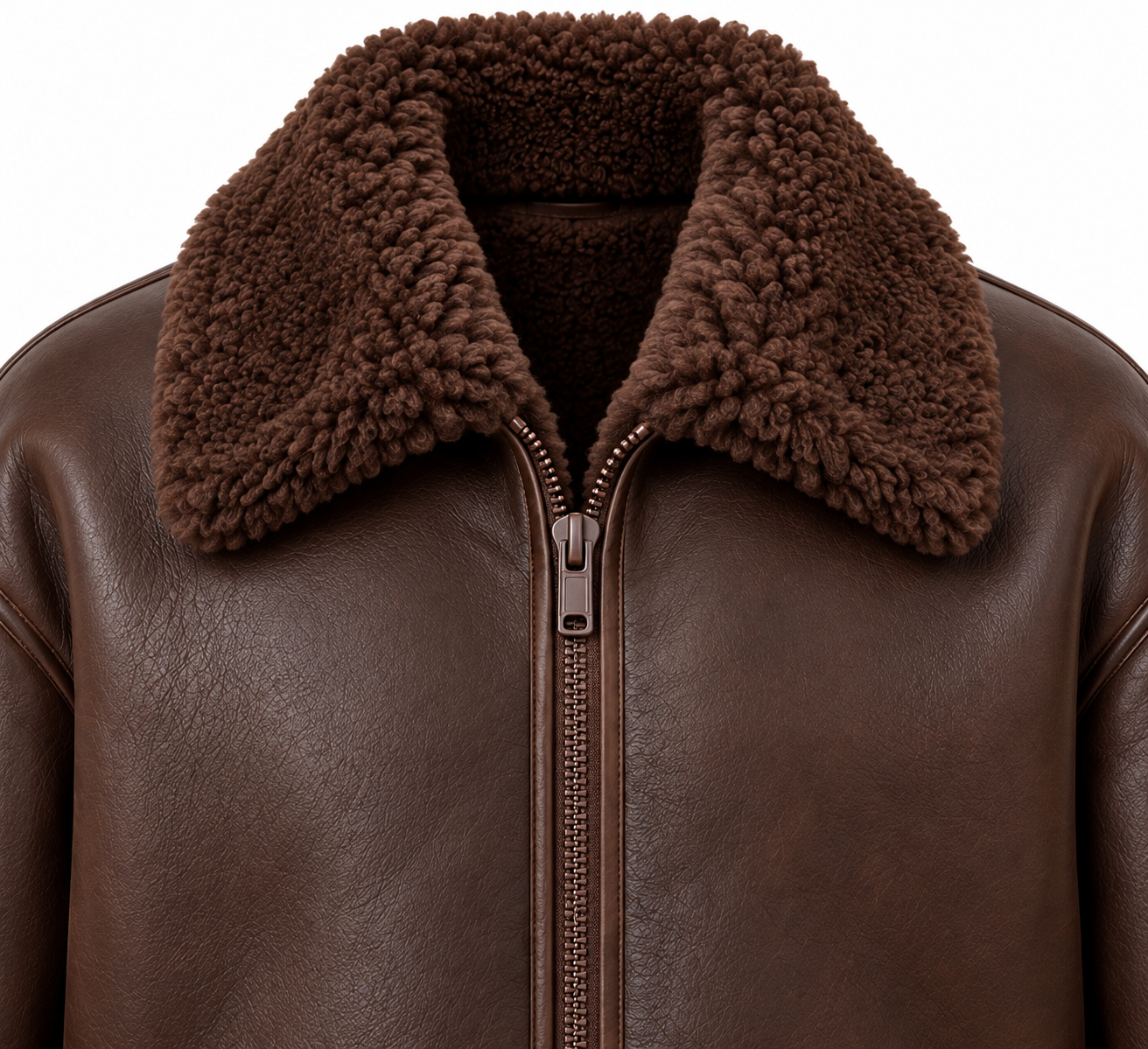 SH023 men's brown shearling jacket detail view
