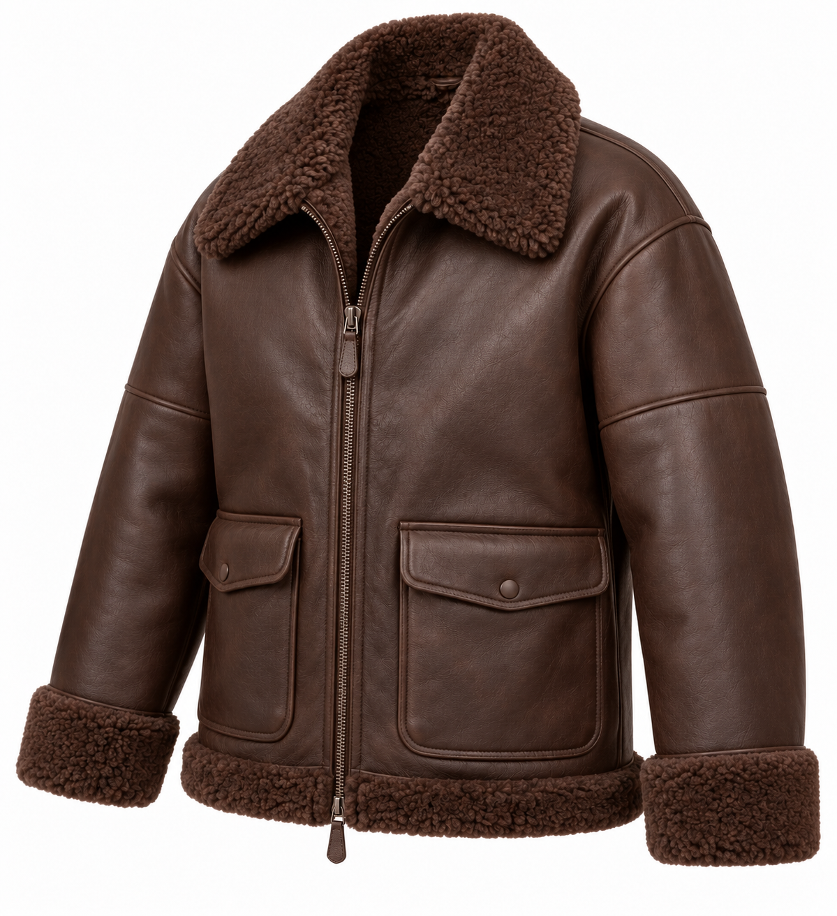 SH024 men's brown shearling jacket angle view