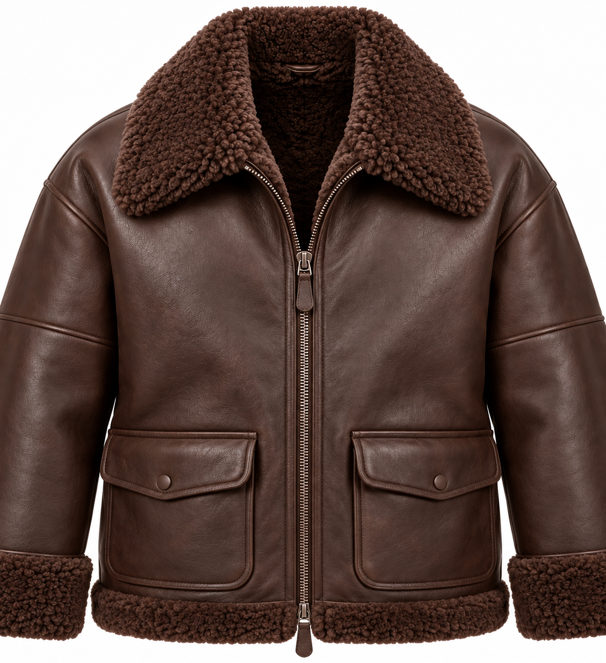 SH024 men's brown shearling jacket detail view