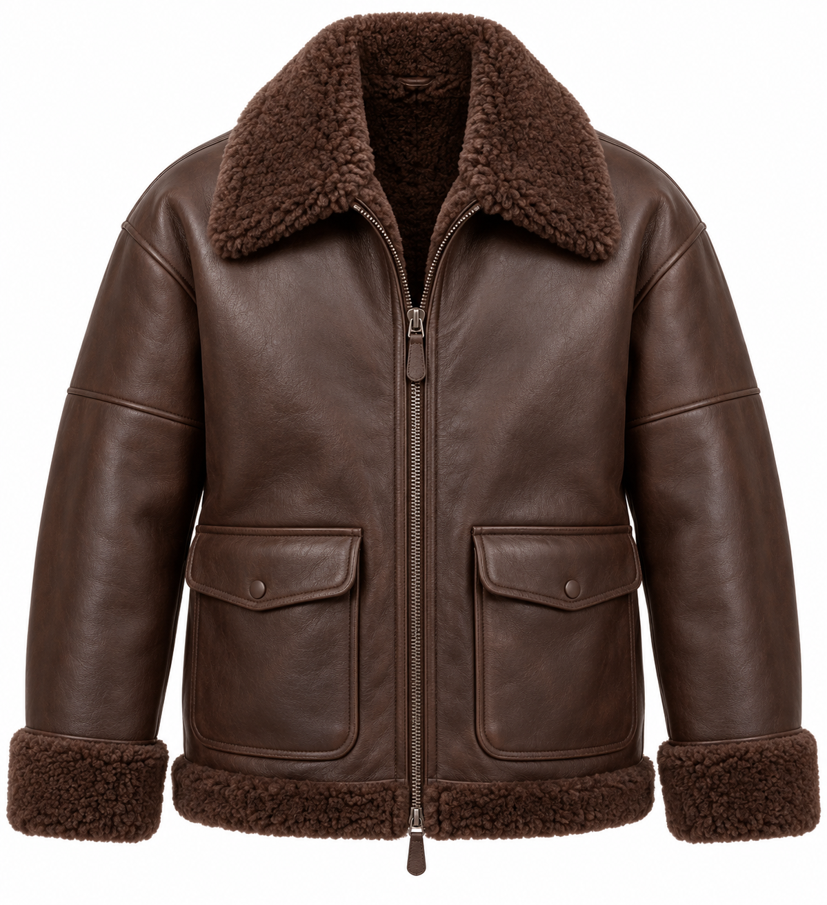 SH024 men's brown shearling jacket front view