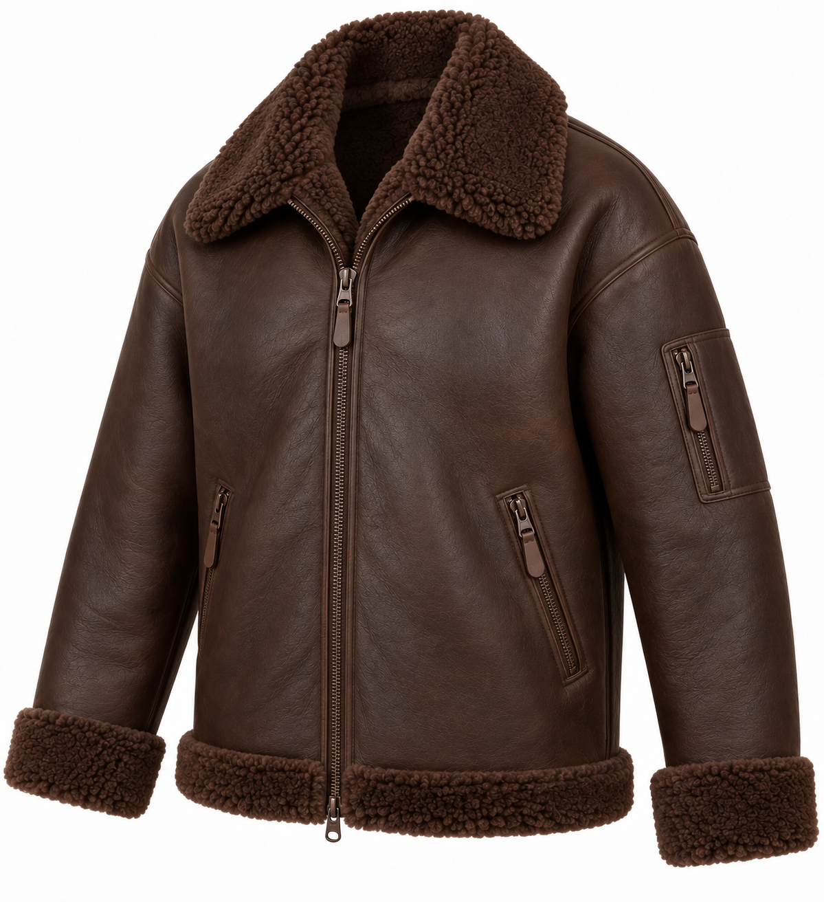 SH026 men's brown shearling jacket angle view