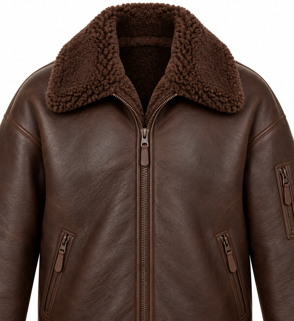 SH026 men's brown shearling jacket detail view