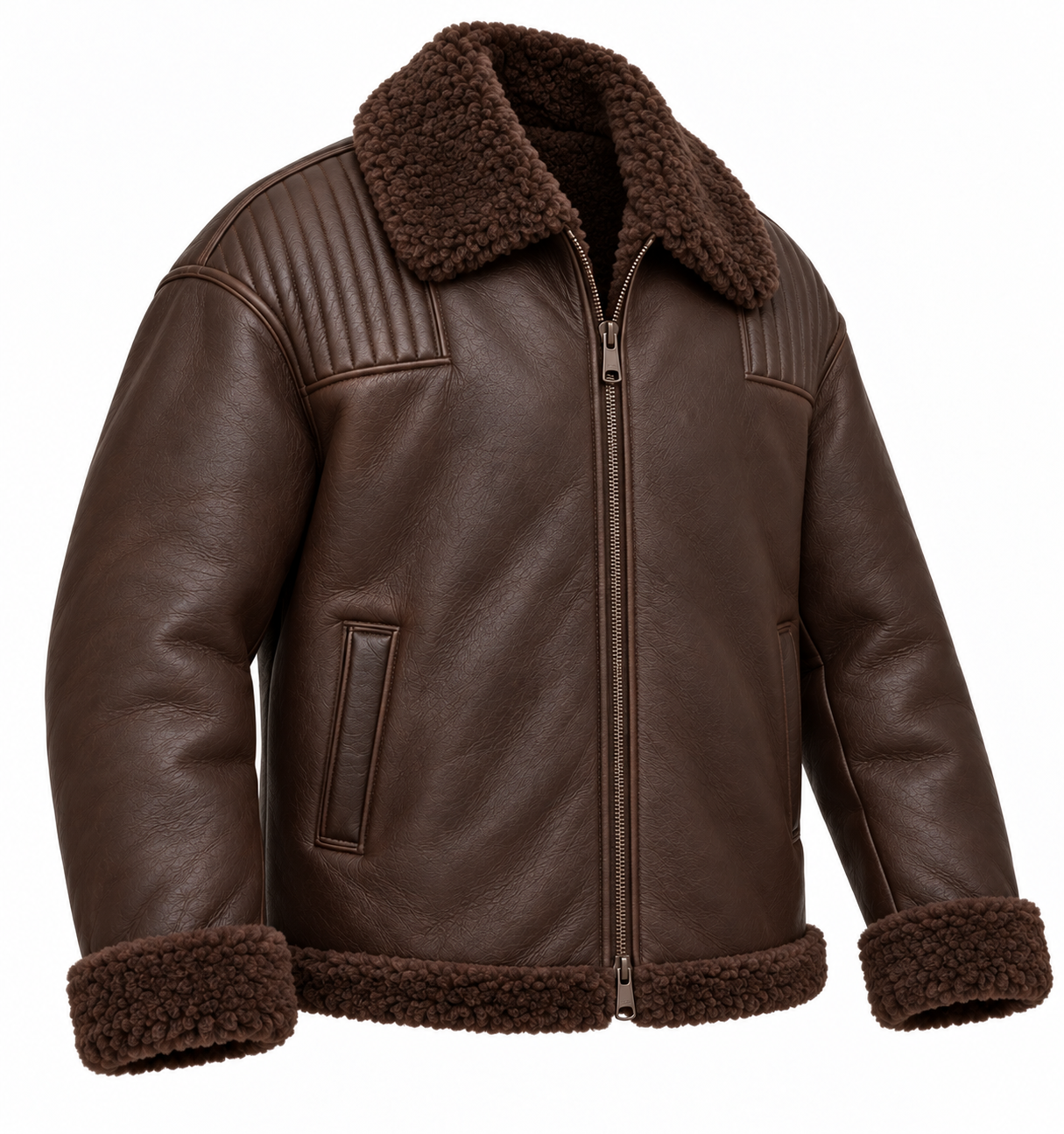 SH027 men's brown shearling jacket angle view