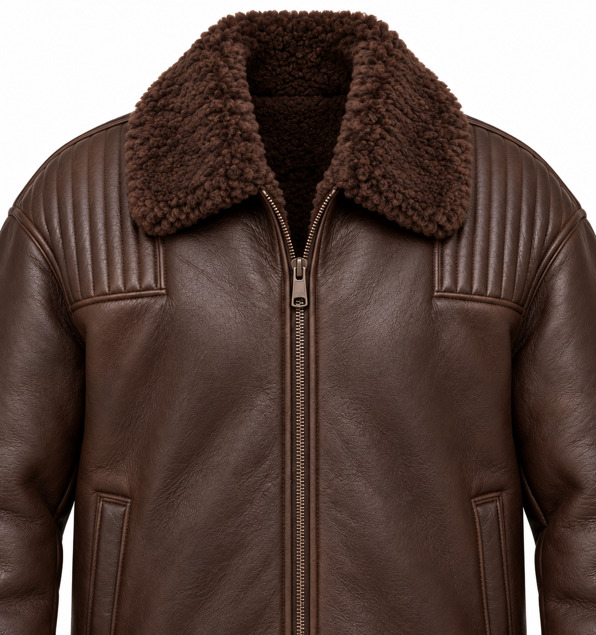 SH027 men's brown shearling jacket detail view