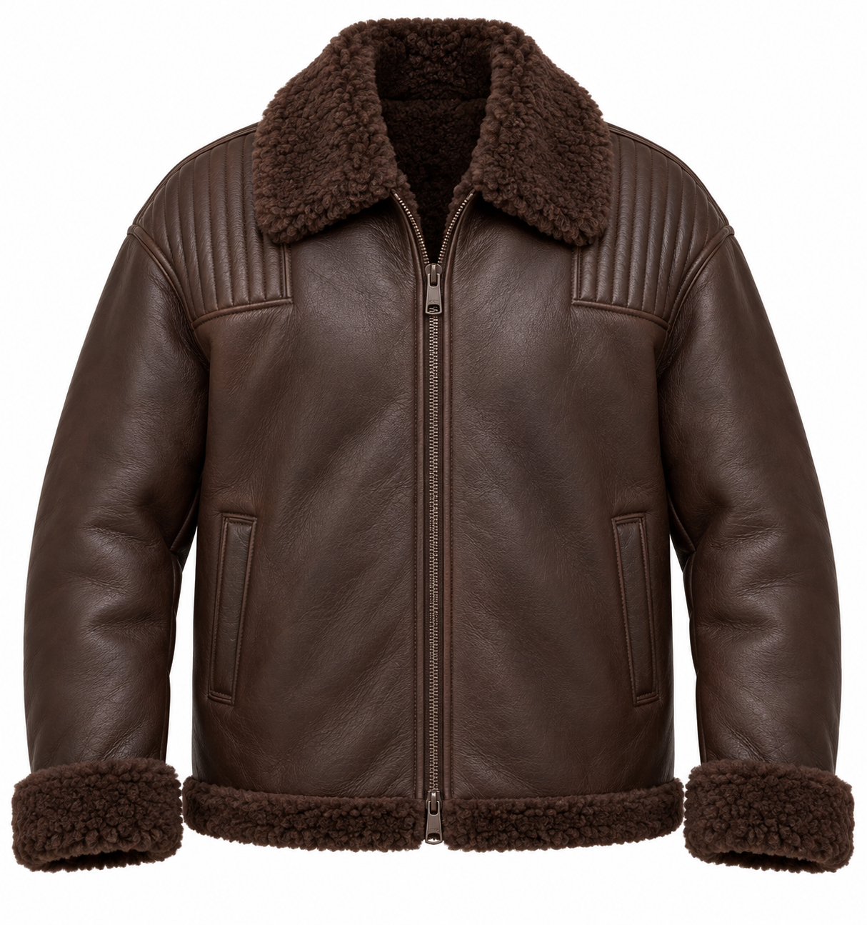 SH027 men's brown shearling jacket front view