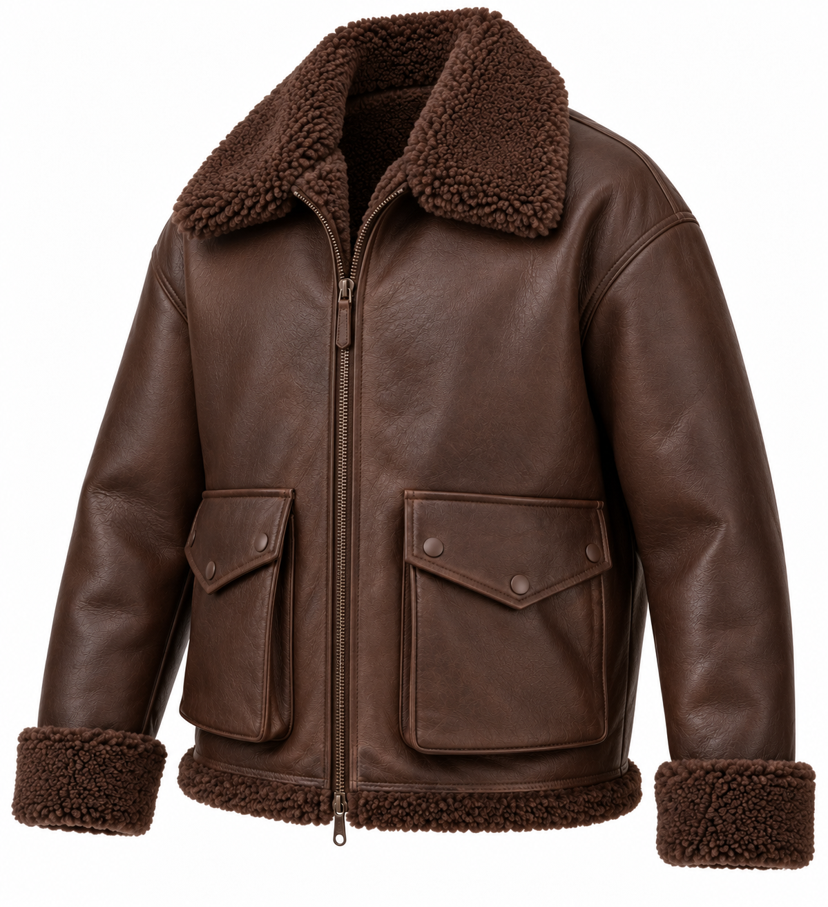 SH029 men's brown shearling jacket angle view