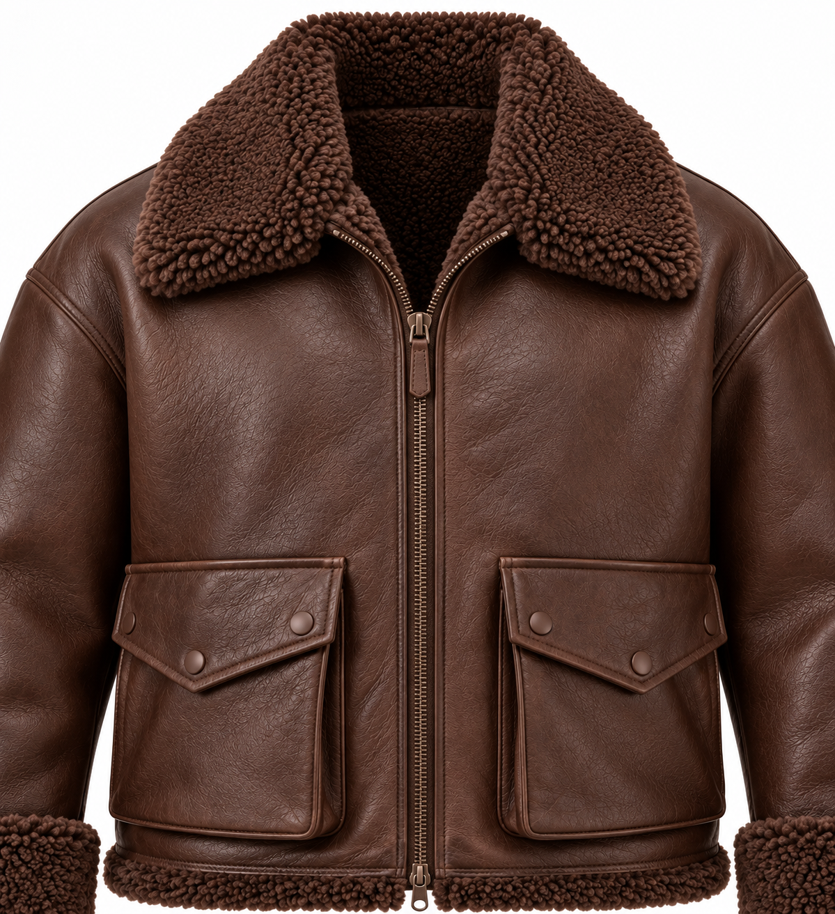 SH029 men's brown shearling jacket detail view